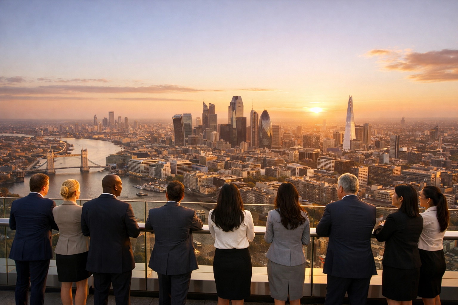 Professionals surveying an international business district, symbolizing successful global brand scaling and growth.