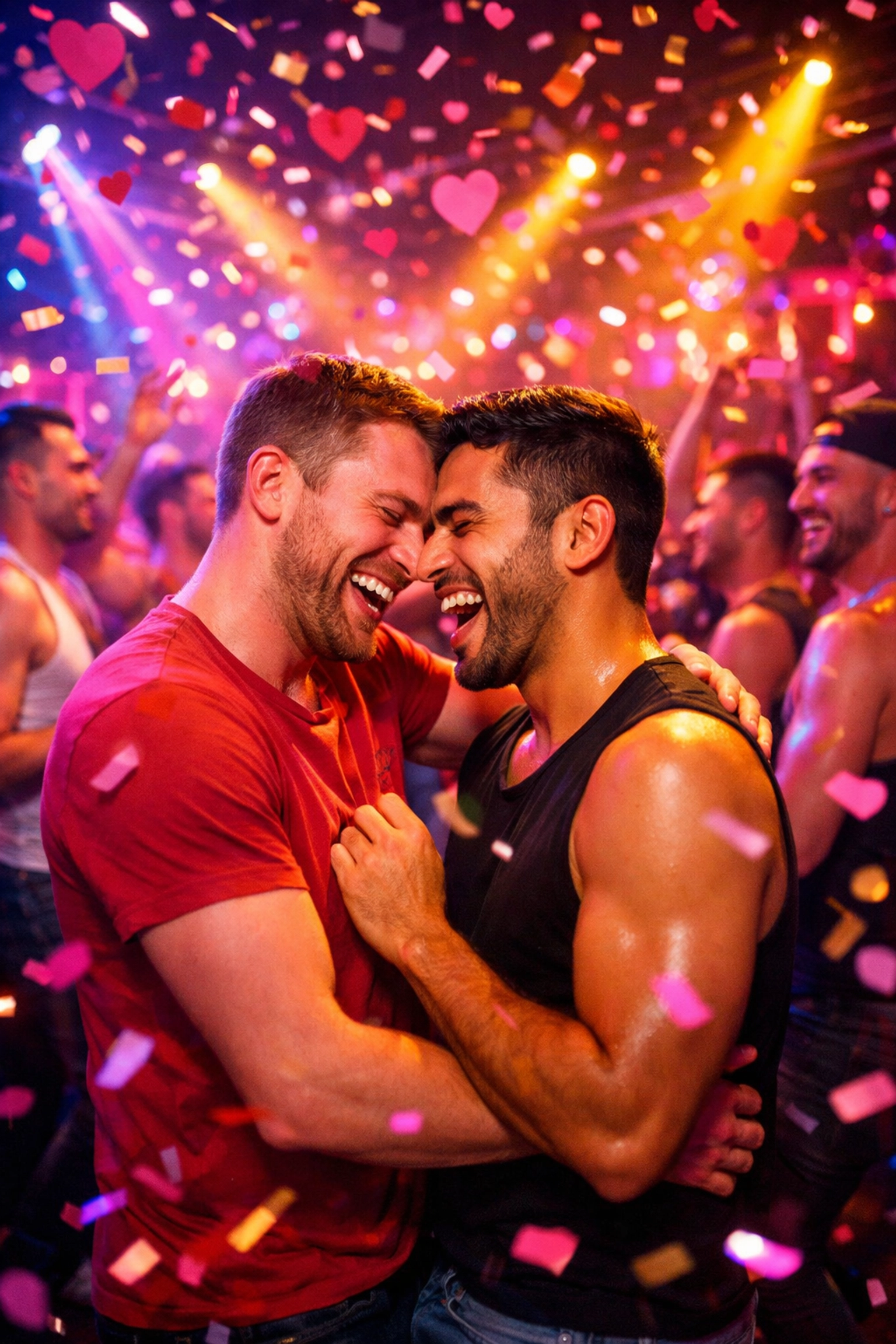 Gay couple dancing at Soho London nightclub during Valentine's Day celebration