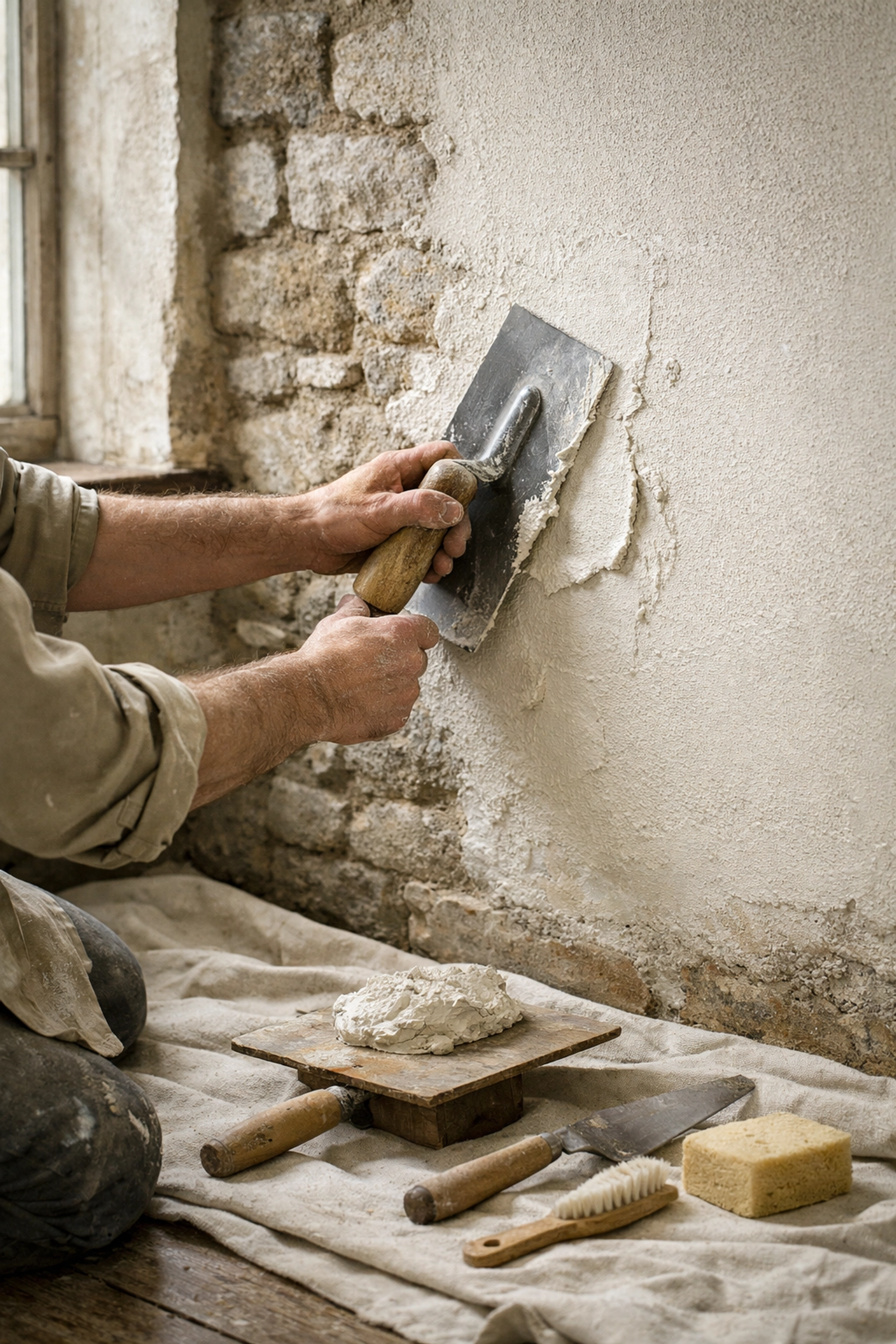 Heritage craftsman applying breathable lime plaster to period property interior wall