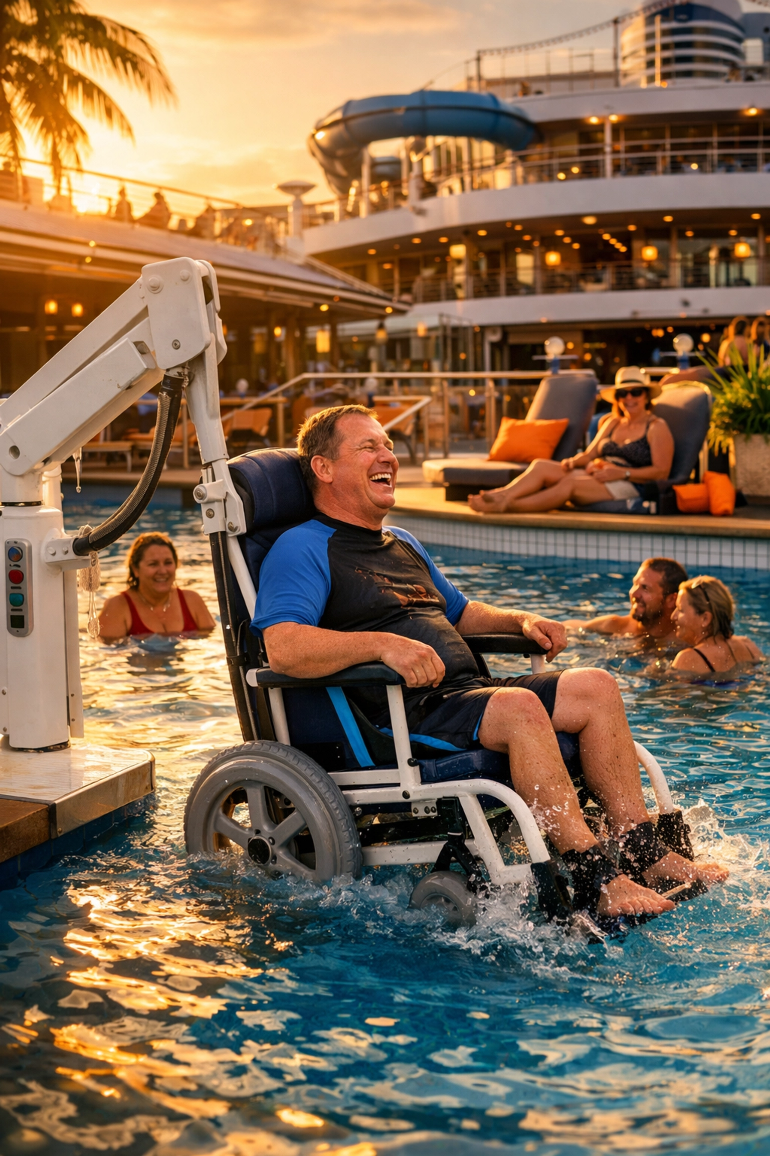 Hydraulic pool lift lowering wheelchair user into accessible cruise ship pool