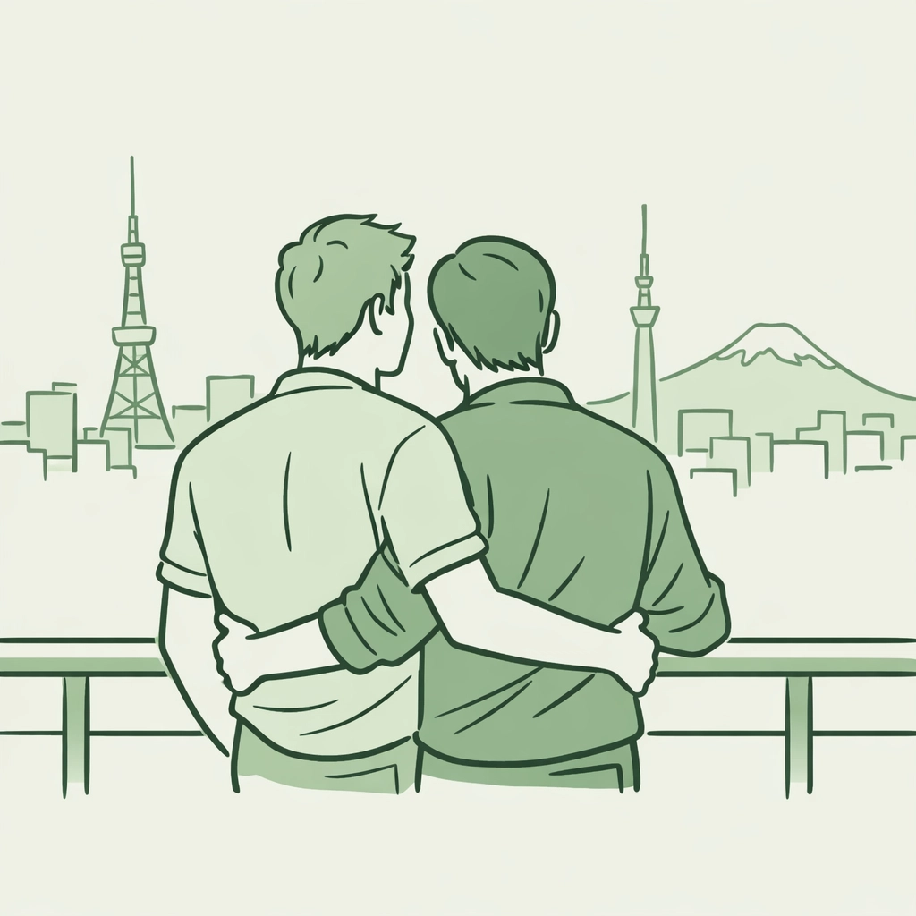 Romantic gay couple embracing on a balcony overlooking a Tokyo skyline in an MM romance illustration.