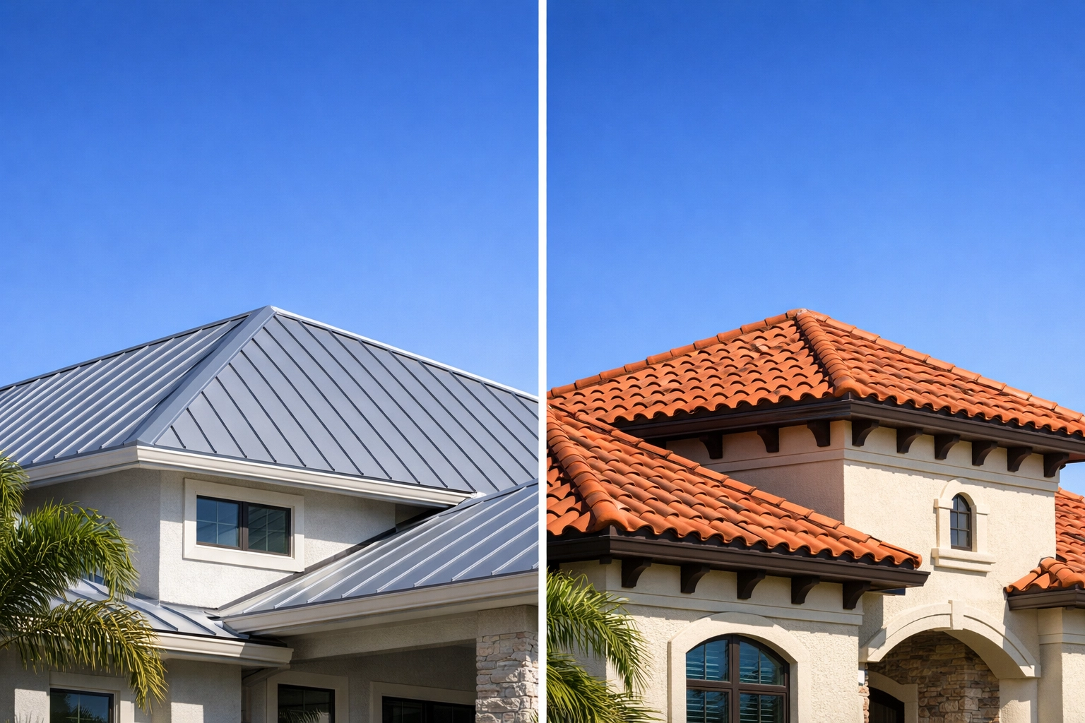Comparison of modern silver metal roofing and classic clay tile roofing on homes in Venice, Florida.