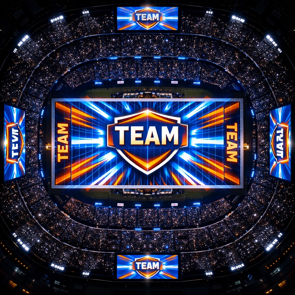 Aerial view of Super Bowl stadium with LED floor projections and digital advertising displays