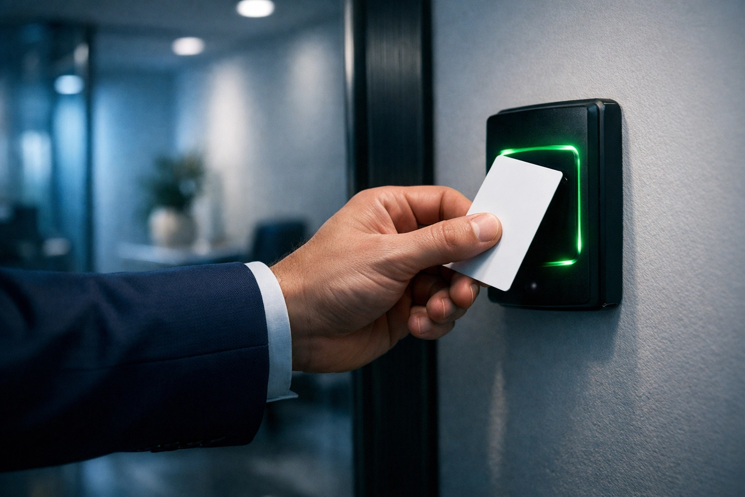 Trusted janitorial services in Massachusetts professional securely entering a premium commercial suite.