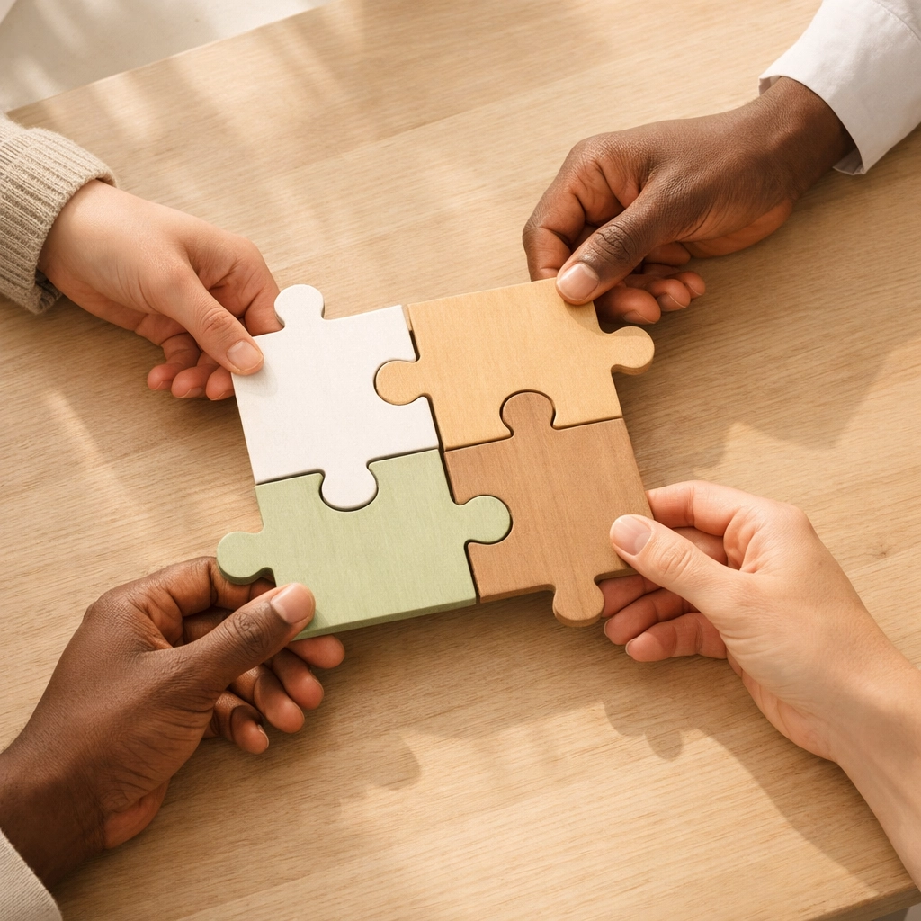 Hands connecting puzzle pieces representing comprehensive ADHD testing approach