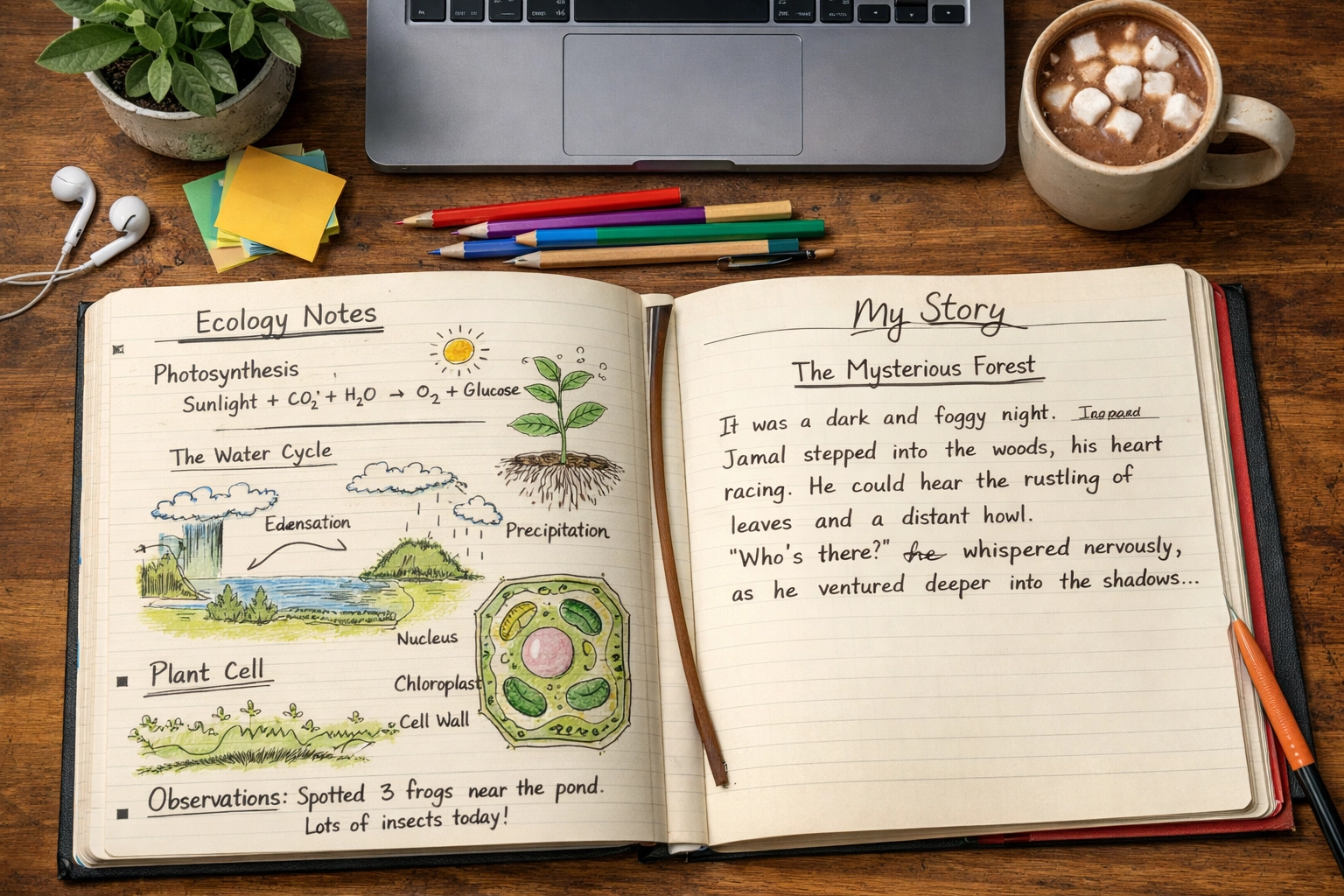 Student desk showing creative writing and science notebooks side by side