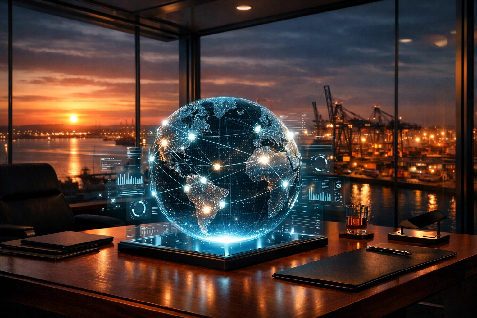 Holographic globe interface in a modern office representing active industrial marketing network engagement.