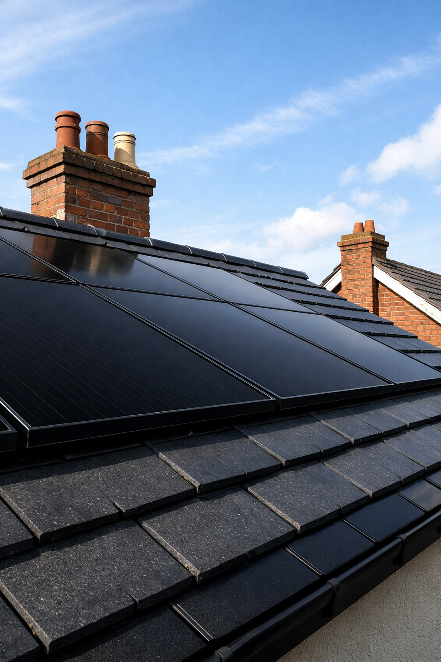 Sleek Tier-1 black solar panels flush-mounted on a modern UK home roof by specialist installers.