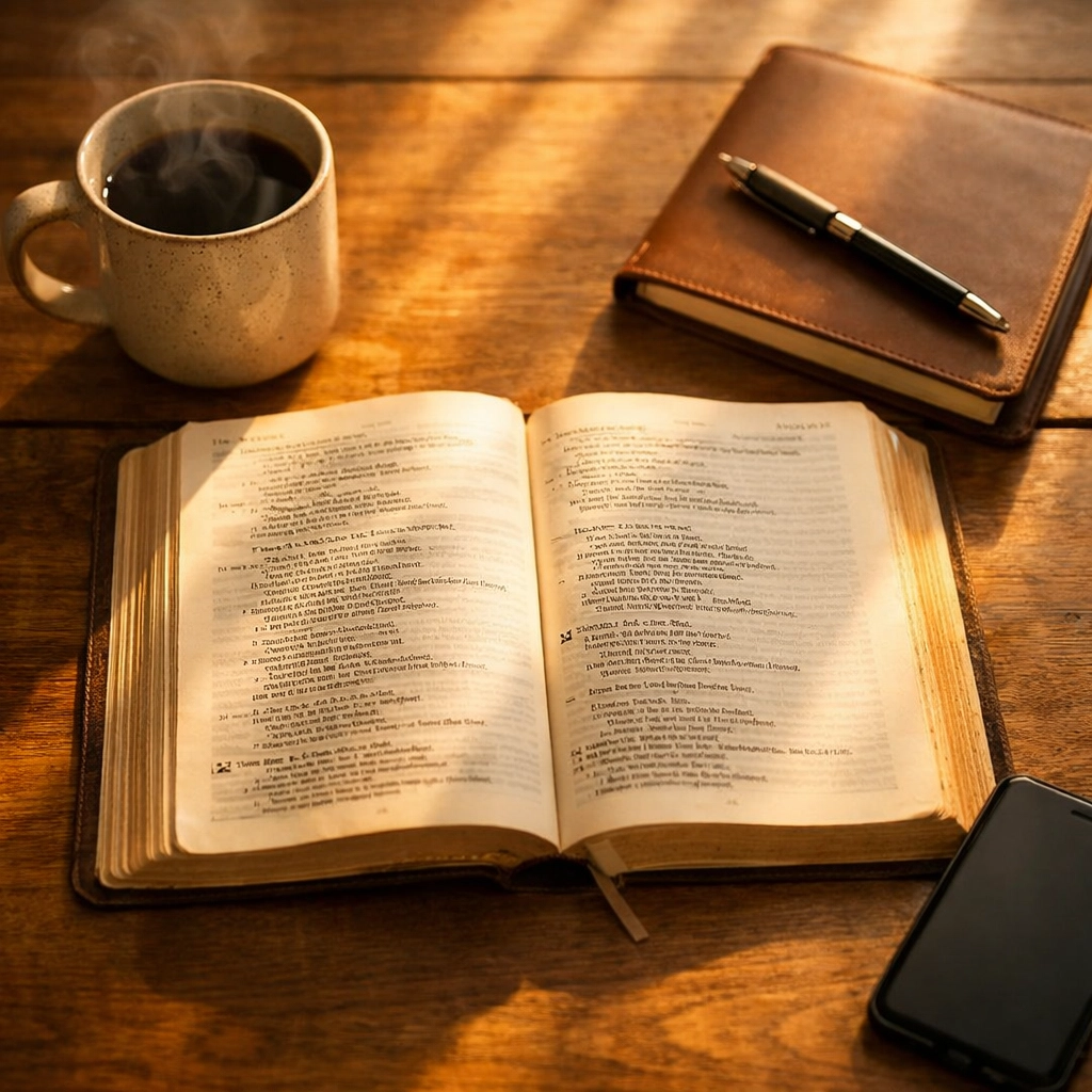 Morning Bible and coffee setup for peaceful news consumption before starting the day