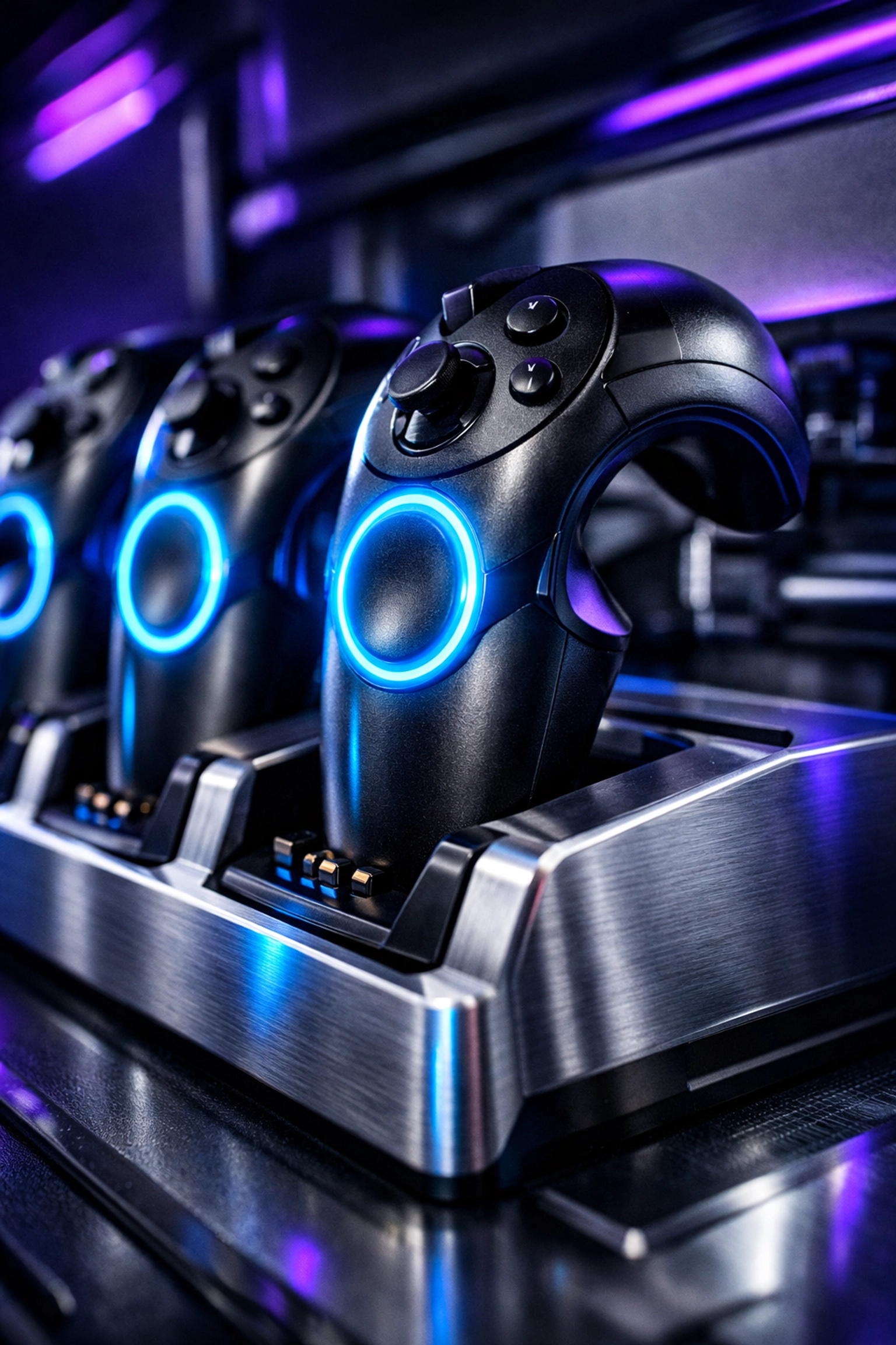 Professional virtual reality controllers docked and ready for a flawless setup at a corporate XR event