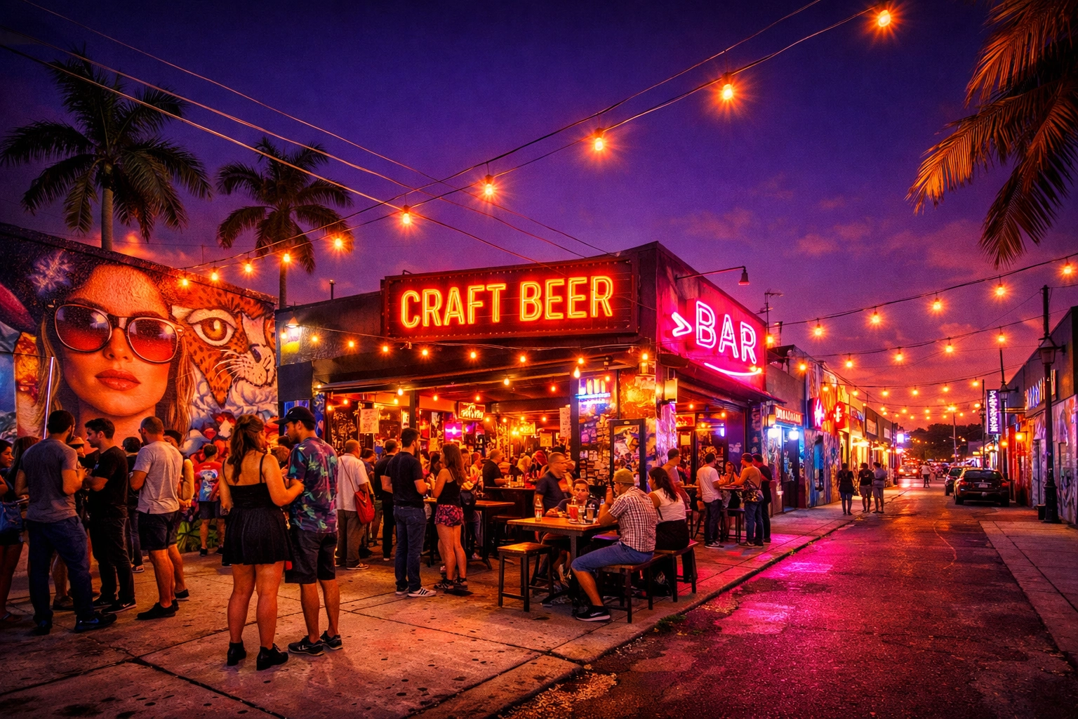 Wynwood Miami nightlife scene with colorful murals and local crowd at brewery