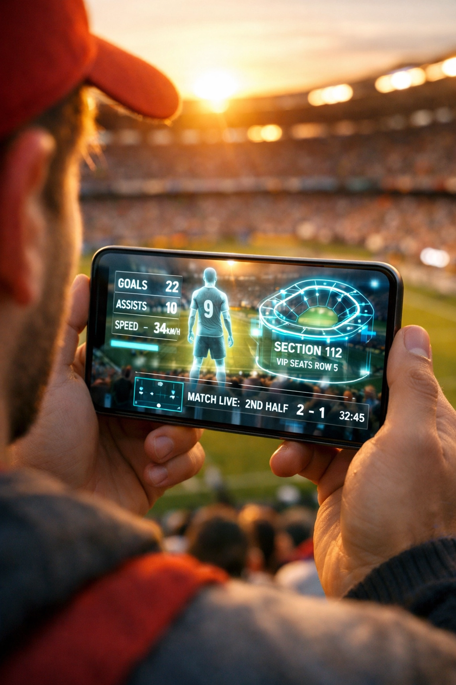 Fan using augmented reality technology for an enhanced stadium experience with real-time data and player stats.
