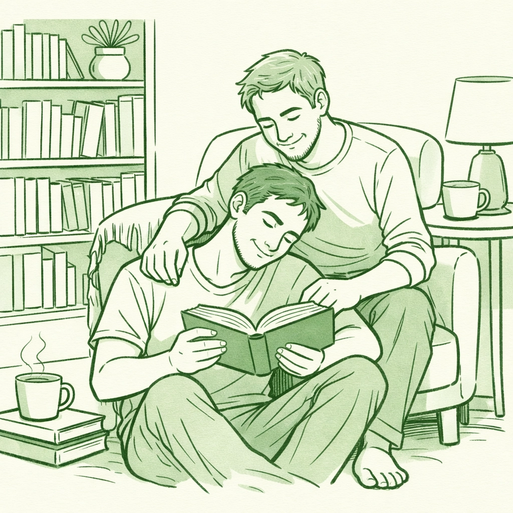 A gay couple sharing a book, highlighting the emotional connection in MM romance and gay fiction.