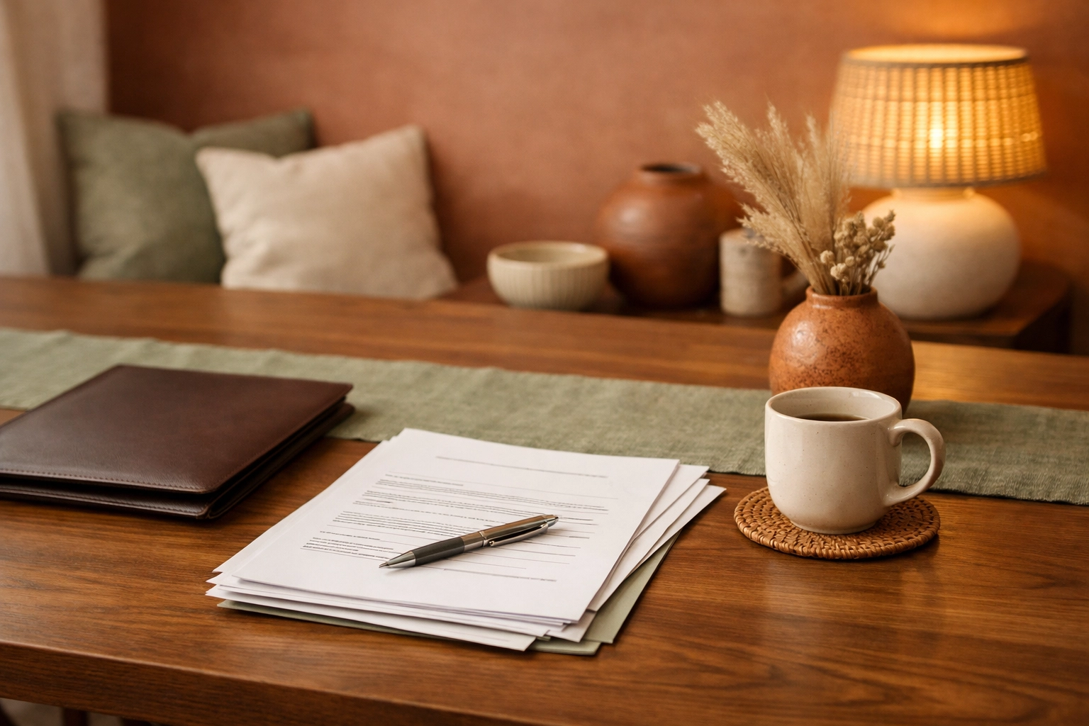 Neatly arranged settlement documents on a quiet conference table with terracotta, sage, and cream boho chic styling.