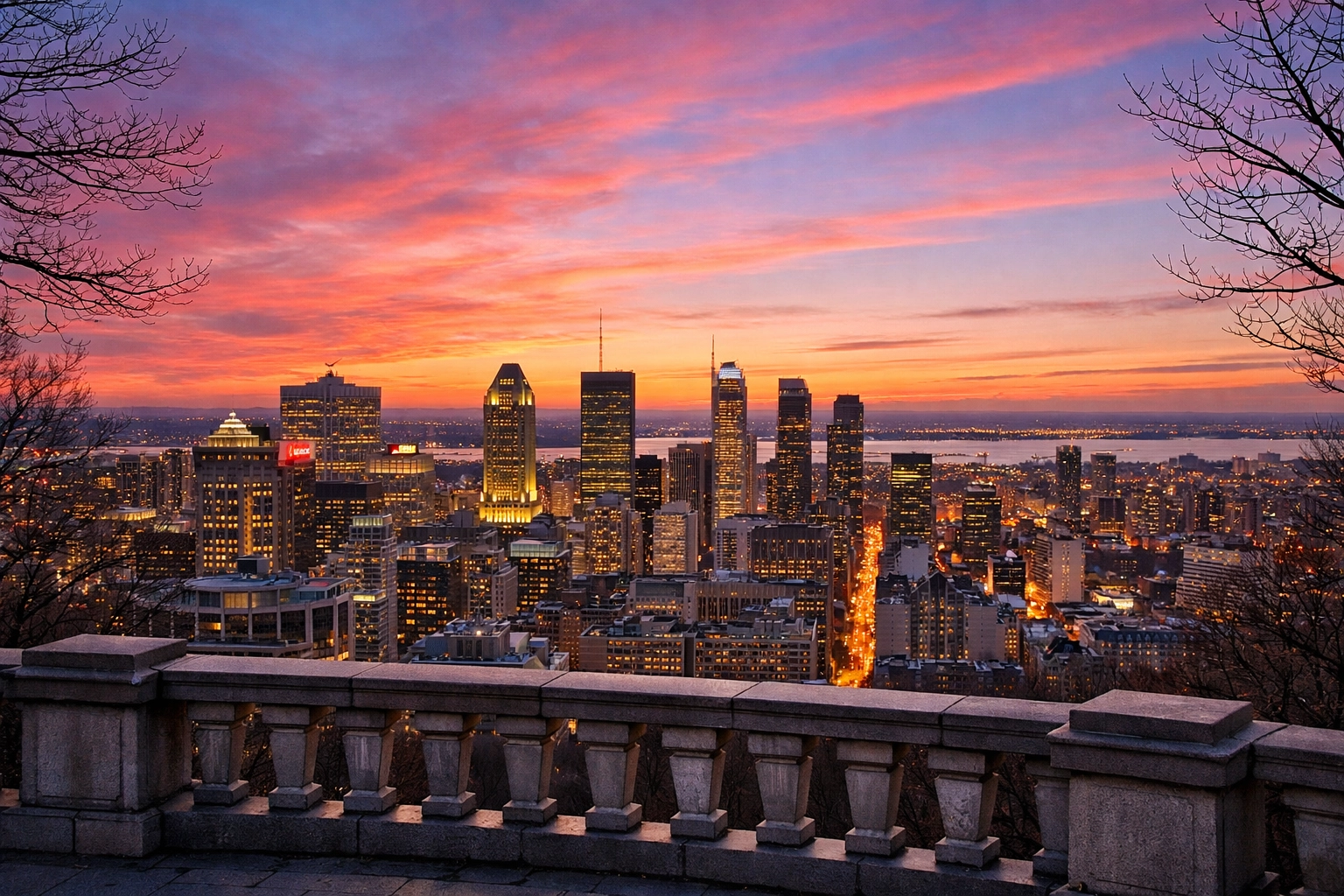 Panoramic sunset view of the Montreal city skyline from the Mount Royal lookout in spring.
