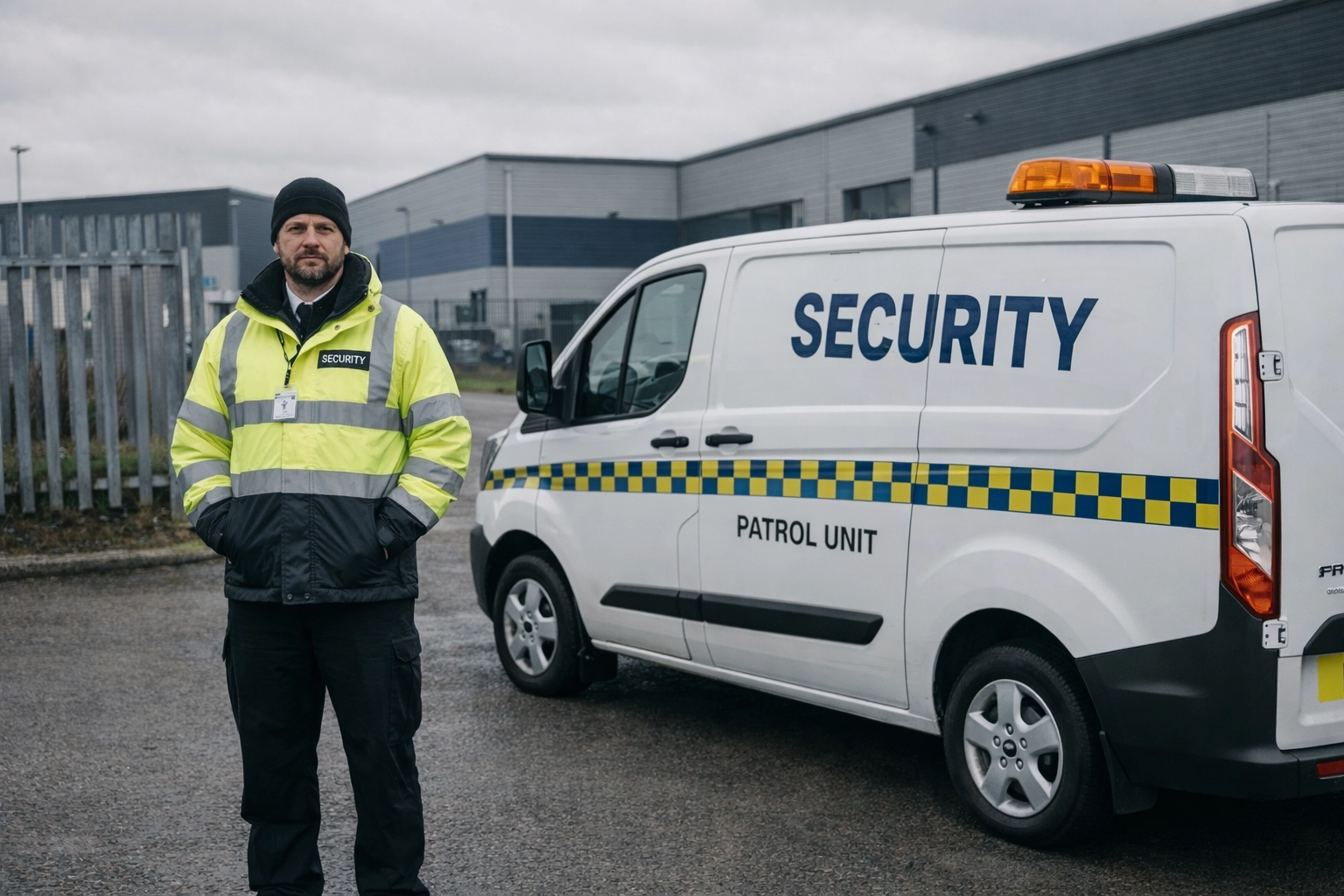 UK security guard with a white security van on a West Midlands commercial estate