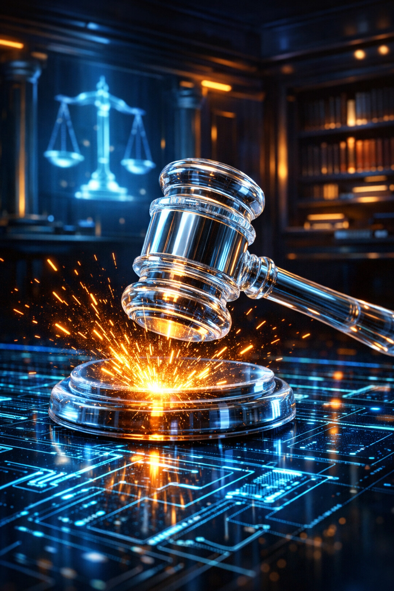 Digital gavel on a glowing circuit board representing the CLARITY Act and crypto payment regulations.