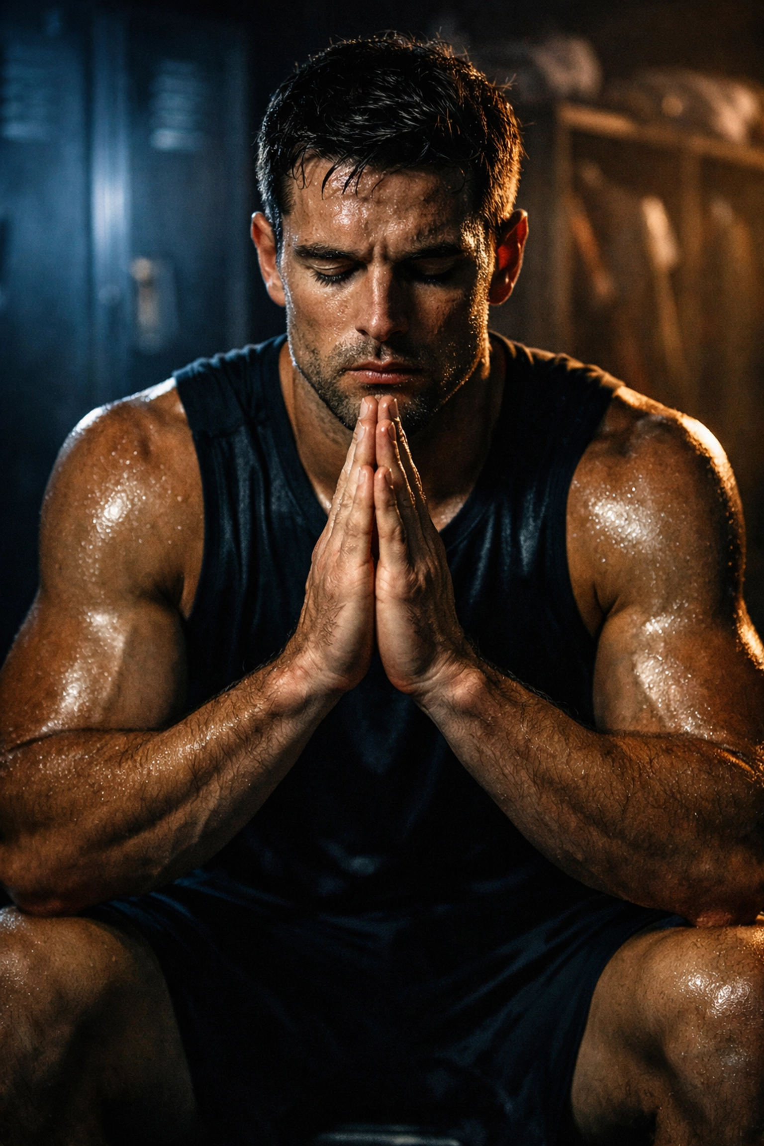 Athlete practicing breathing techniques in locker room for mental preparation before competition