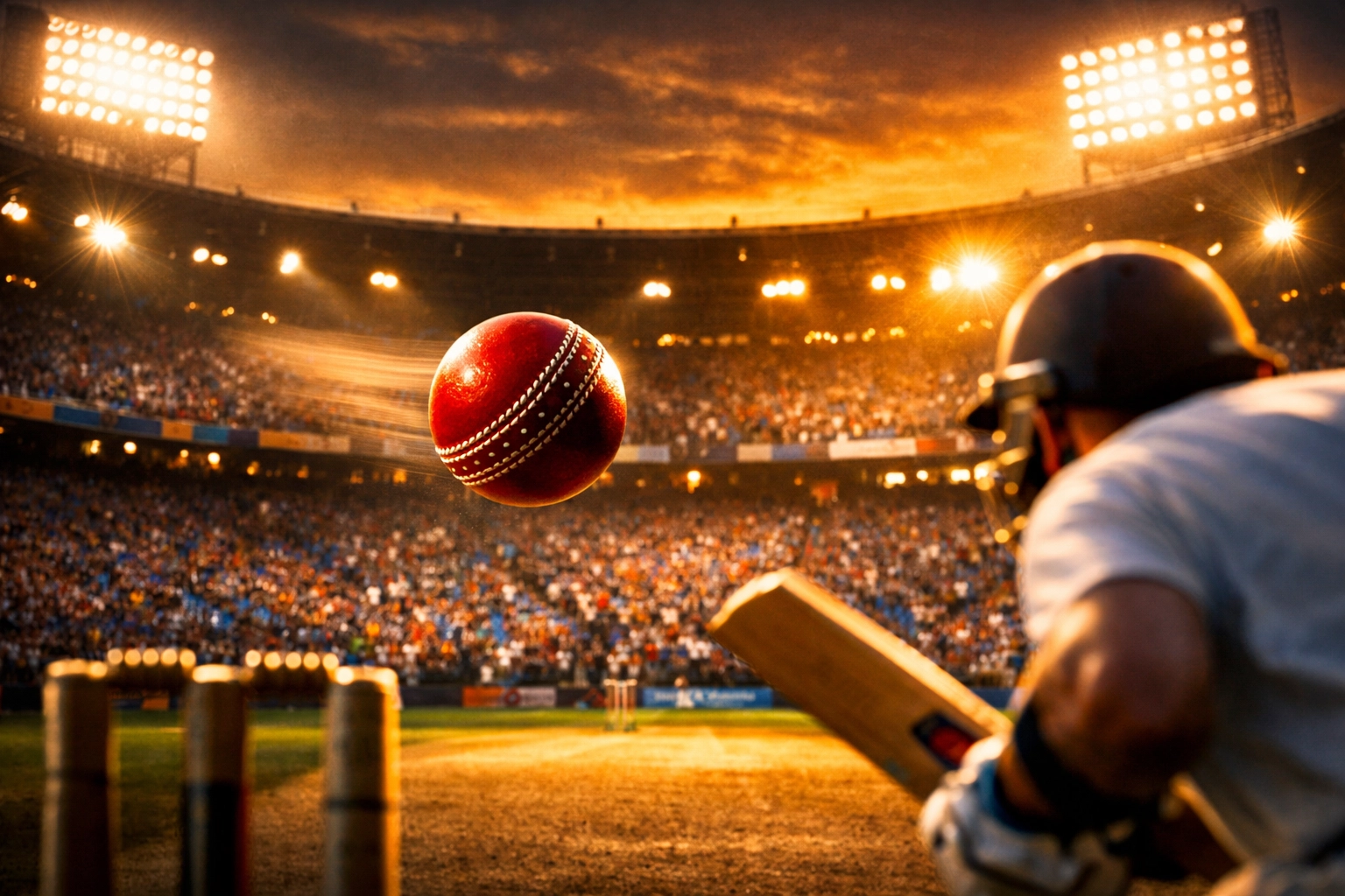 Cricket stadium during intense match moment with ball in motion and packed crowd