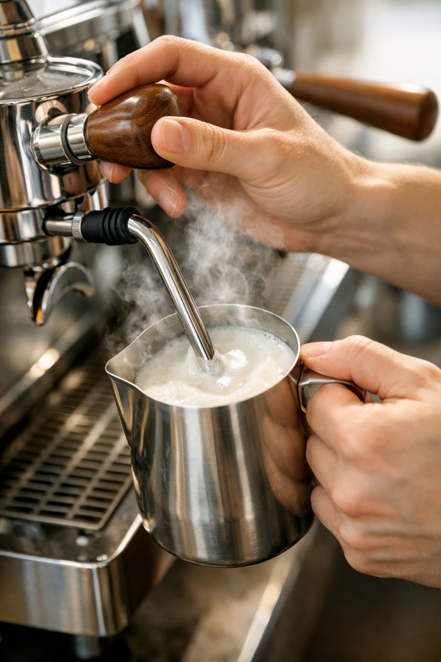 Professional barista steaming milk on an espresso machine to create silky micro-foam for specialty coffee.
