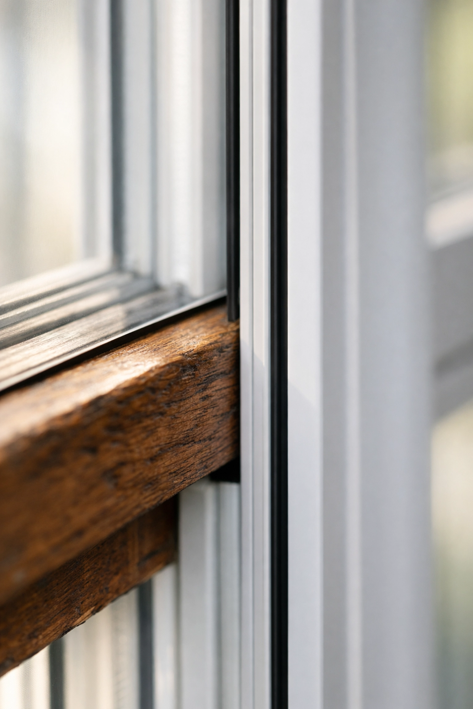 Close-up of vertical sliding secondary glazing for sash windows, showing a professional acoustic seal.