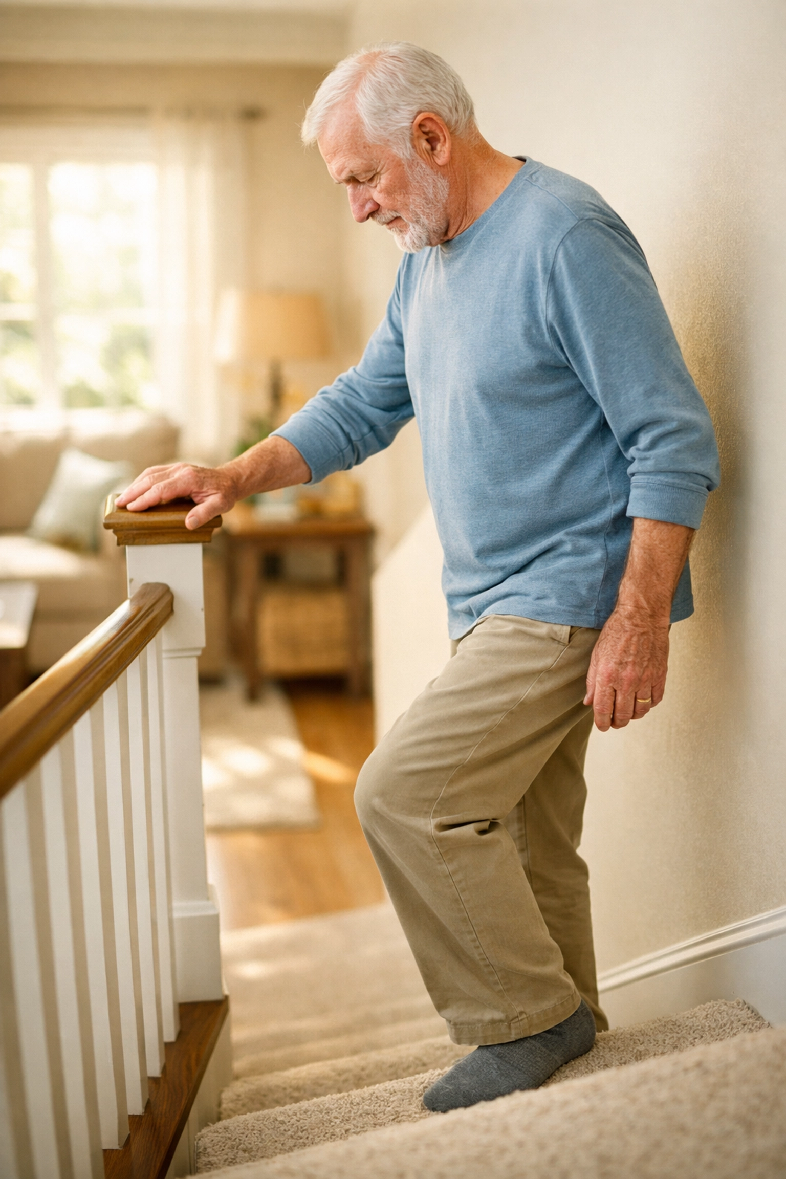 Senior man safely descending a well-lit staircase while firmly gripping the handrail at a steady, mindful pace.