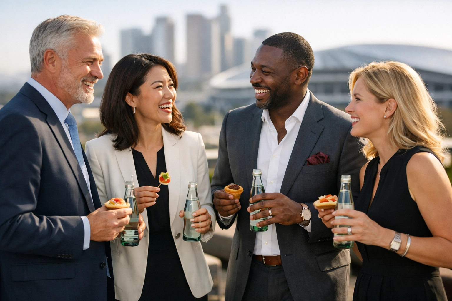 Business leaders networking at an exclusive Super Bowl rooftop hospitality reception.