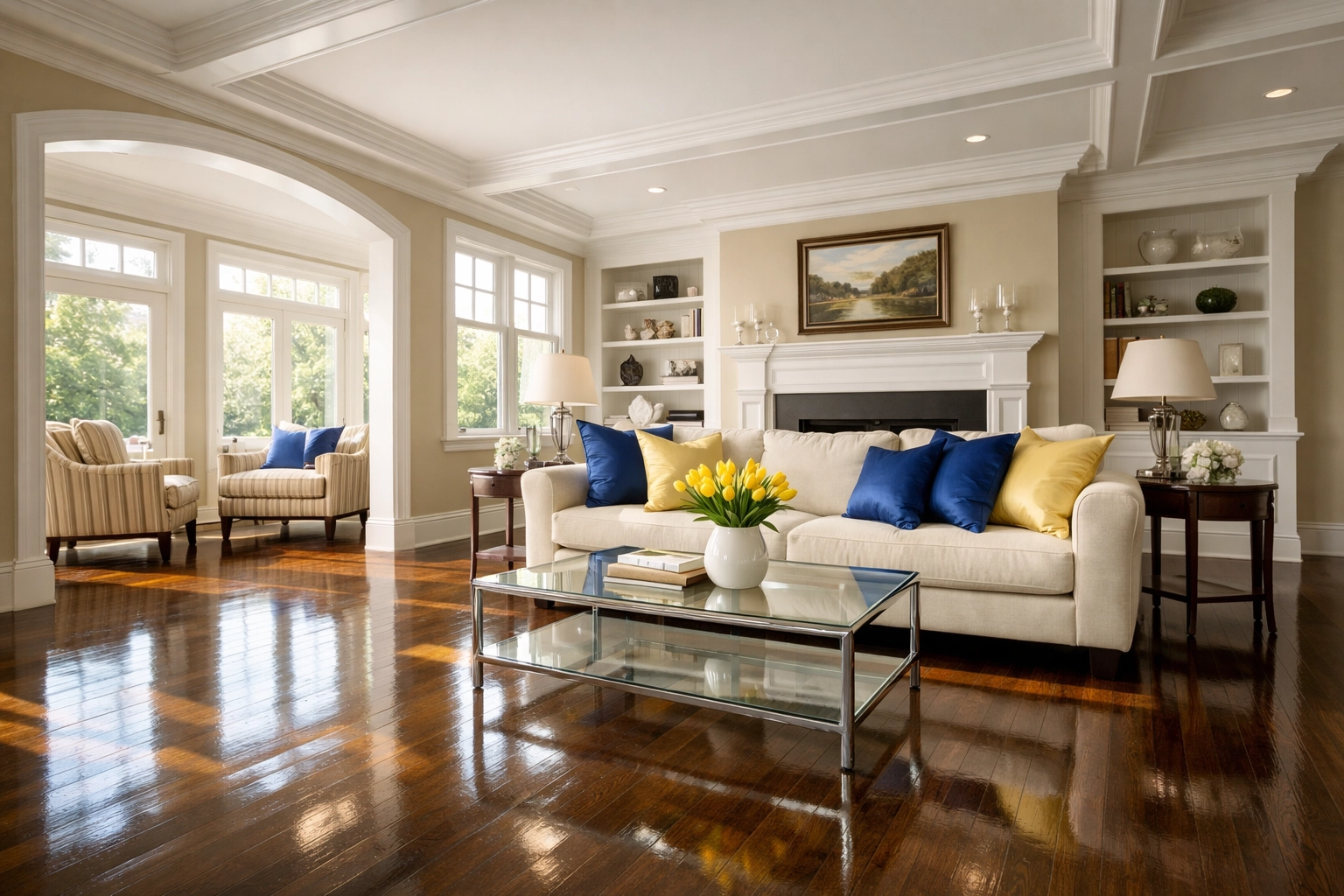 Pristine living room with clean floors and surfaces provided by House Cleaning Townsend MA.