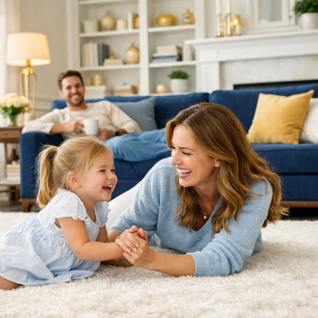A happy family enjoying a stress-free, spotless home after professional weekly house cleaning in Wellesley MA.
