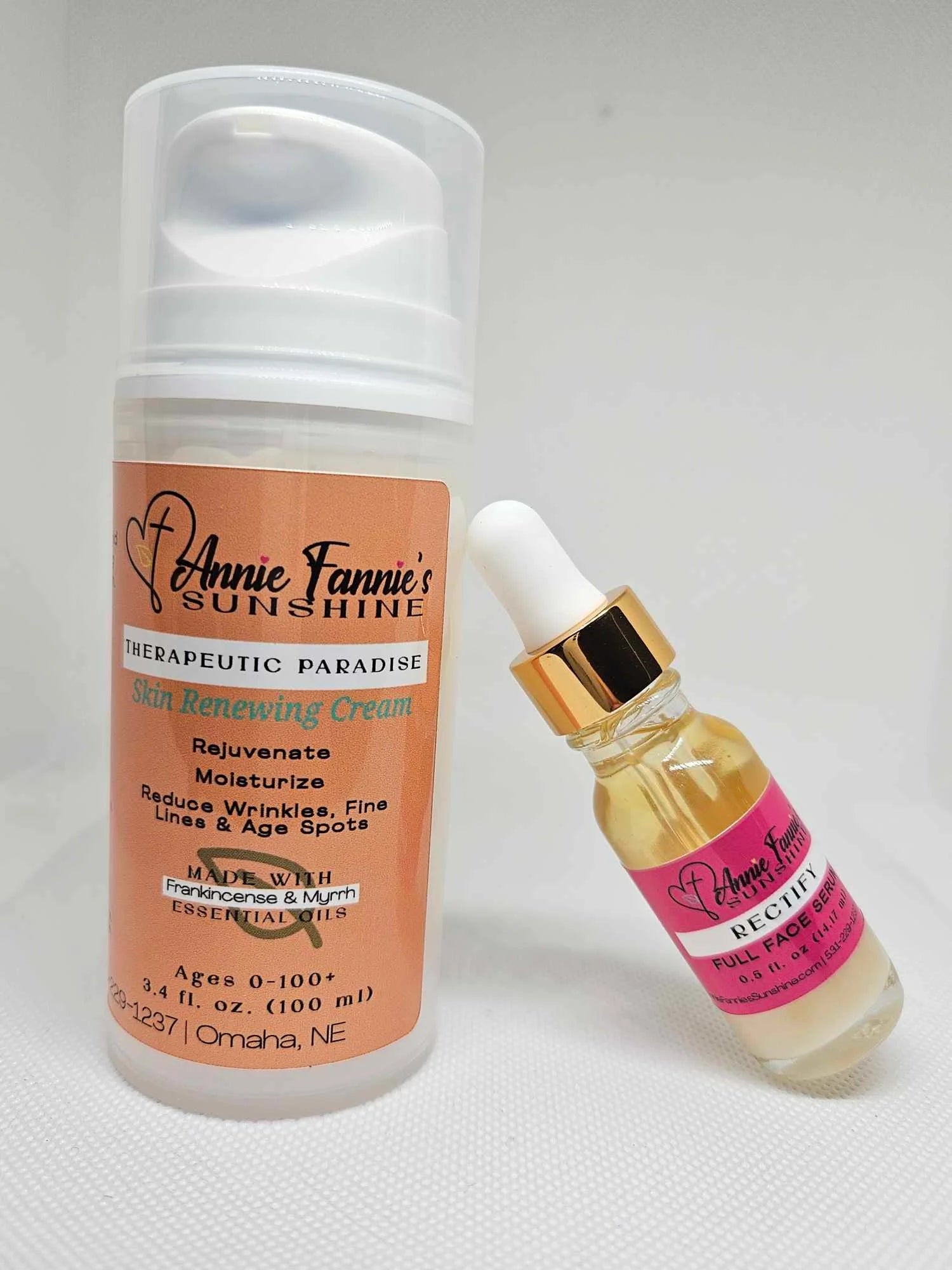 Real product photo: Rectify Serum + Skin Renewing Cream. Clean, minimalist routine support for irritated, sensitive, psoriasis-prone skin.