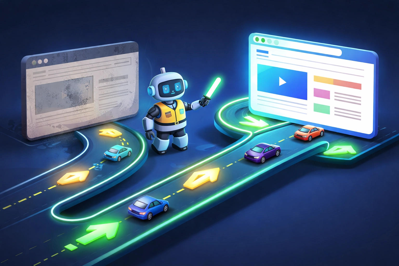 Illustration d'un flux de trafic web passant facilement d'une ancienne page à une nouvelle grâce à une redirection 301