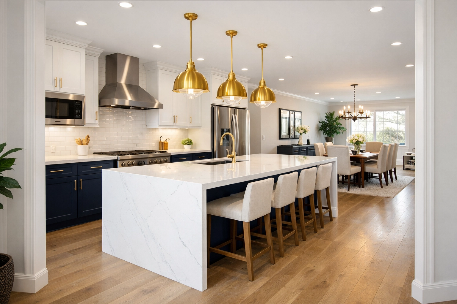Newly renovated kitchen with sparkling countertops after a complete post construction cleaning Maynard.