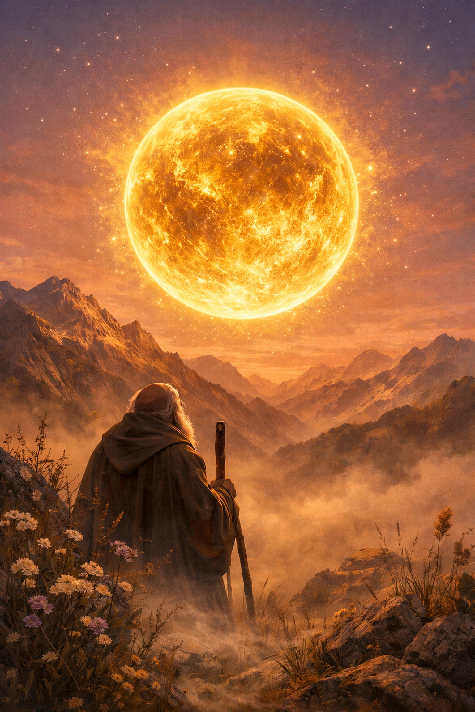 Wise figure looking at a glowing celestial planet symbolizing the Wounded Healer archetype and Chiron.
