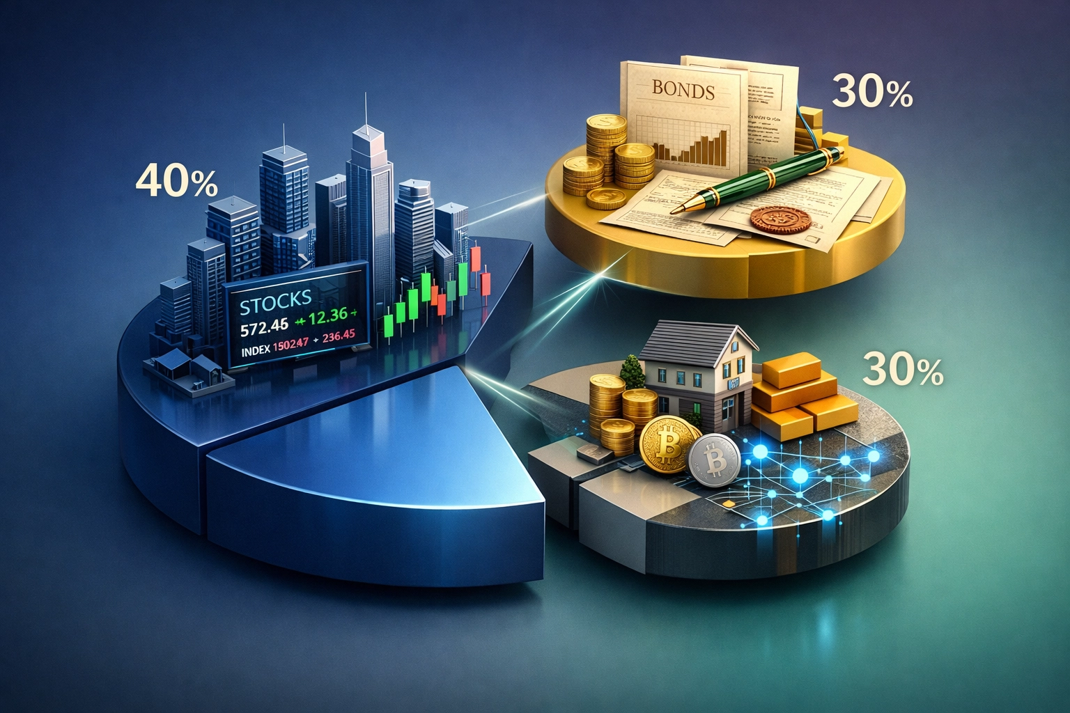 40/30/30 portfolio model visualization showing allocation across equities, bonds, and alternative investments