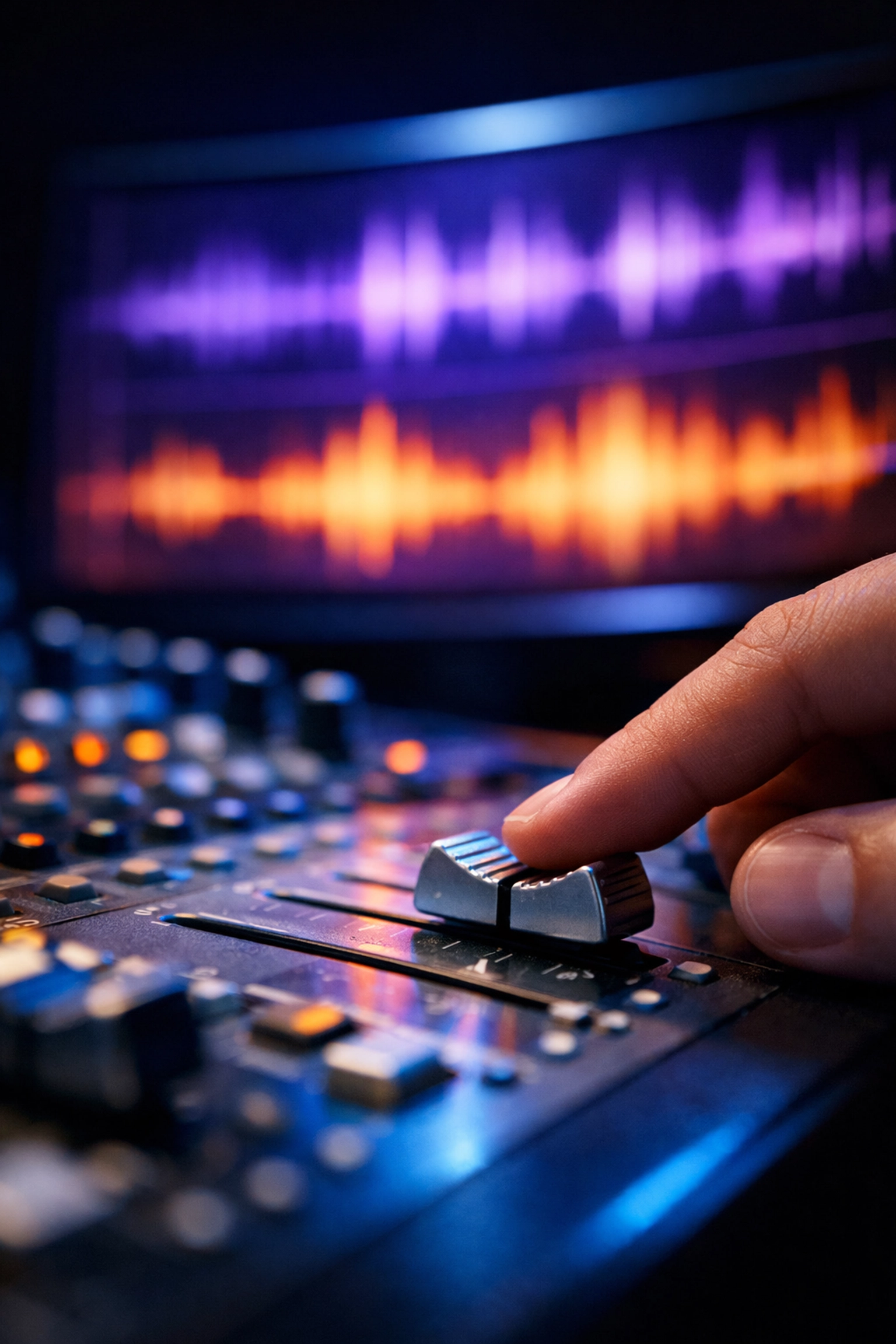 Close-up of a professional studio mixing console fader being adjusted for podcast audio mastering.