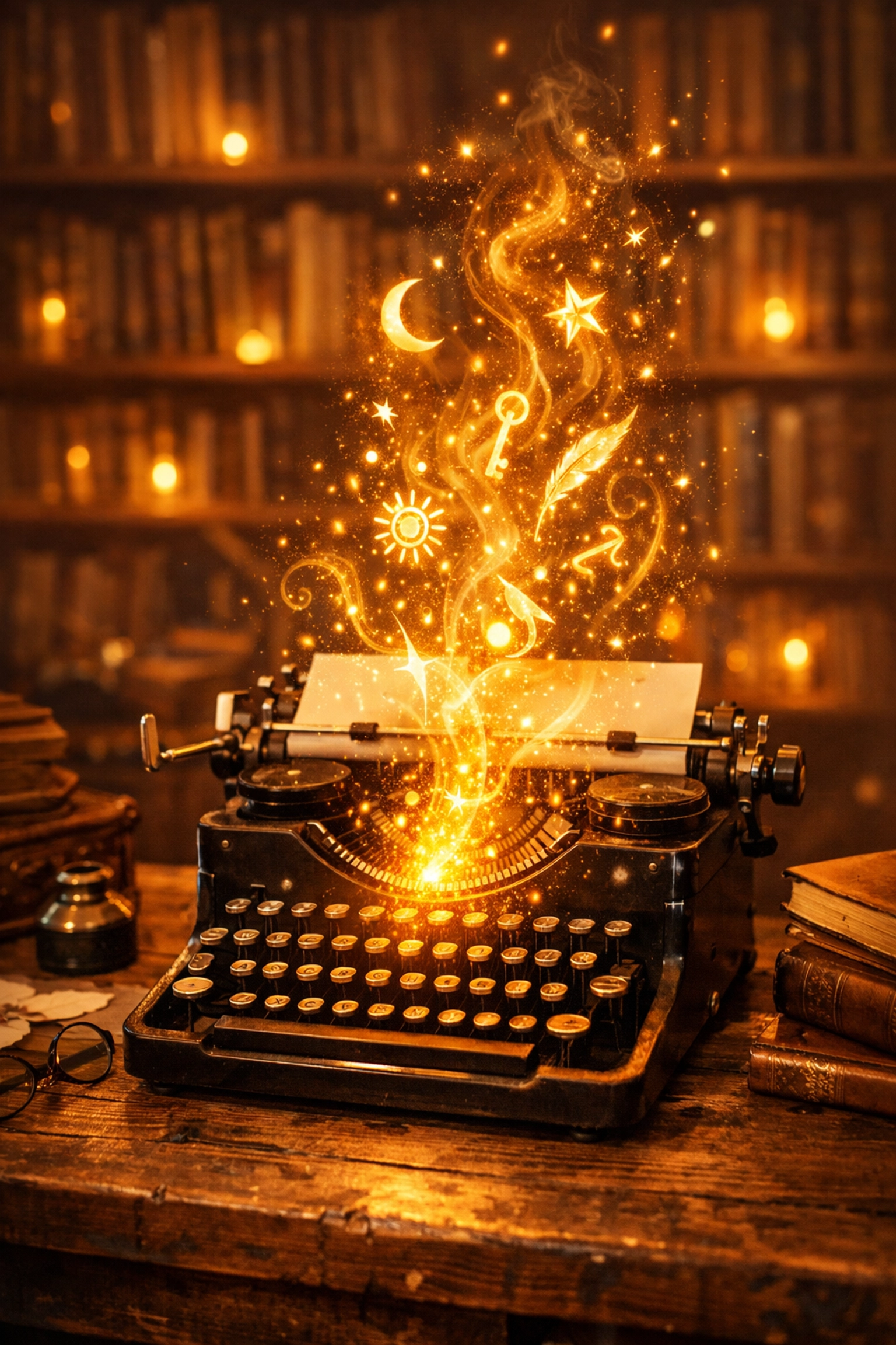 Vintage typewriter on a desk with glowing magical symbols, representing the magic of storytelling.
