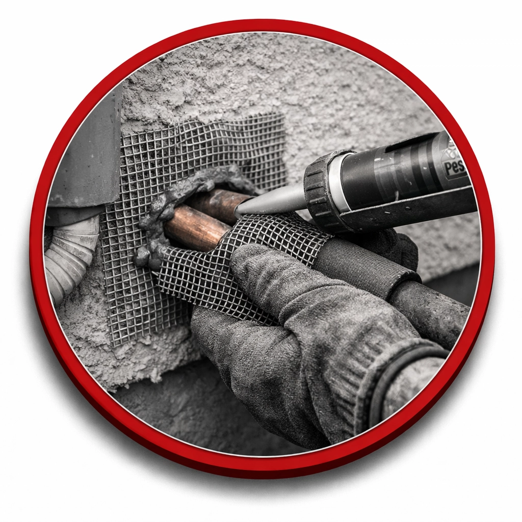 Technician sealing AC line gaps with hardware cloth for rodent control in Coolidge.