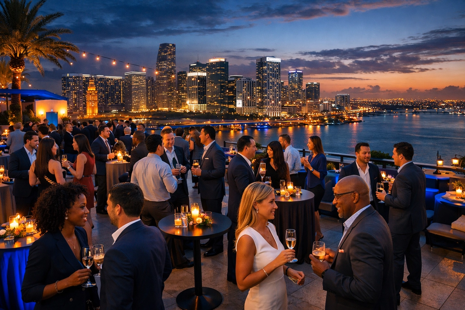 Corporate event photography in Miami showing professionals networking at a luxury rooftop conference during twilight.