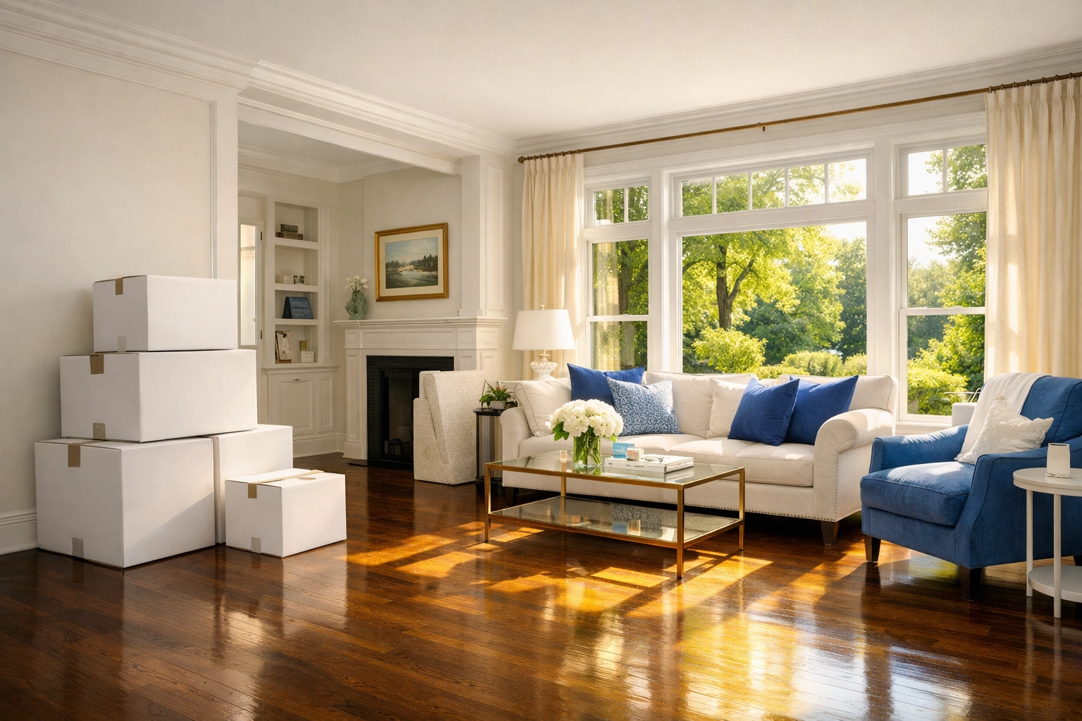 Clean Massachusetts living room with moving boxes ready for a professional move-in clean.