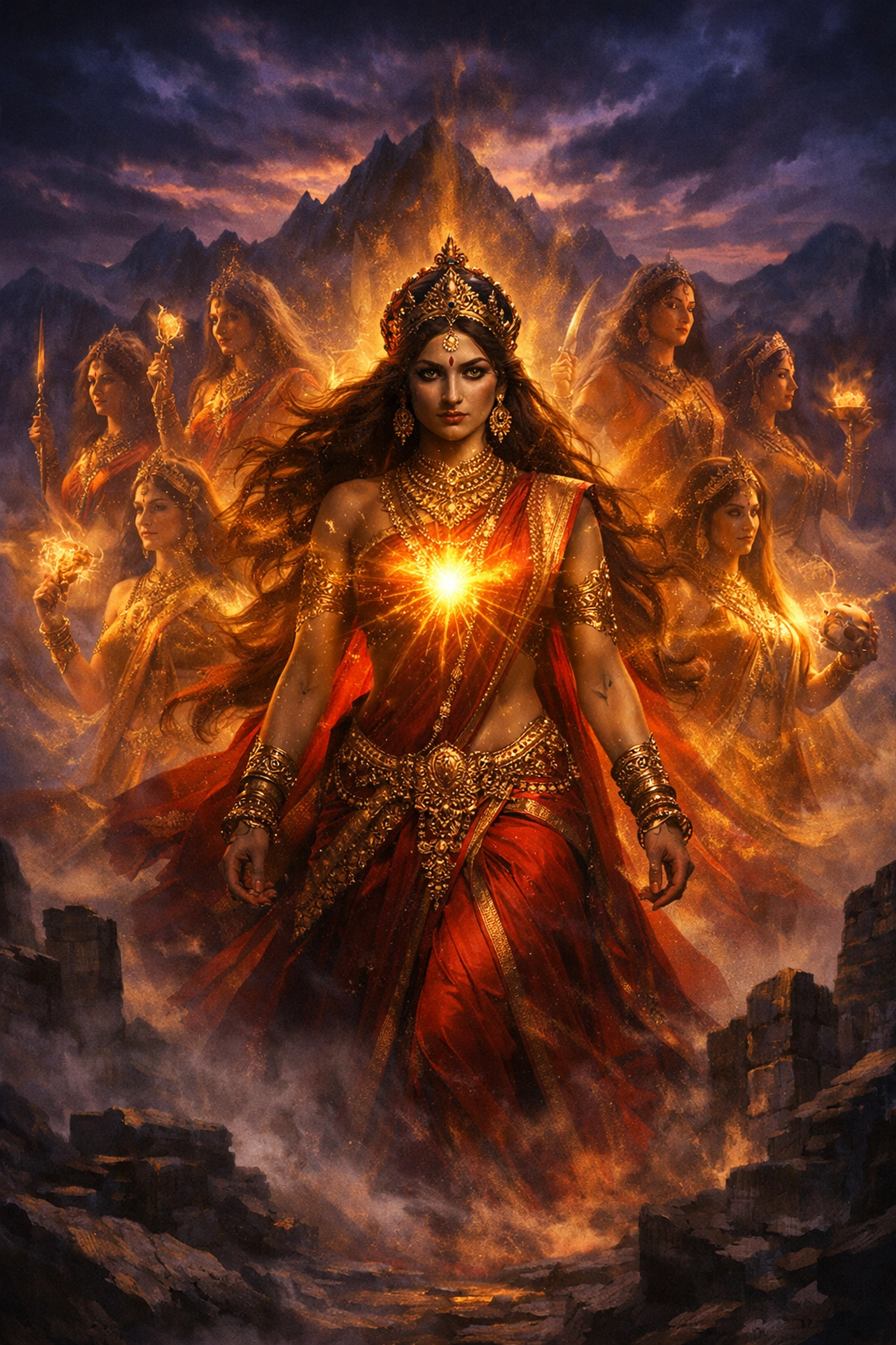 Sati manifesting the Mahavidya wisdom goddesses in ancient Vedic style to represent Shakti's sovereignty.