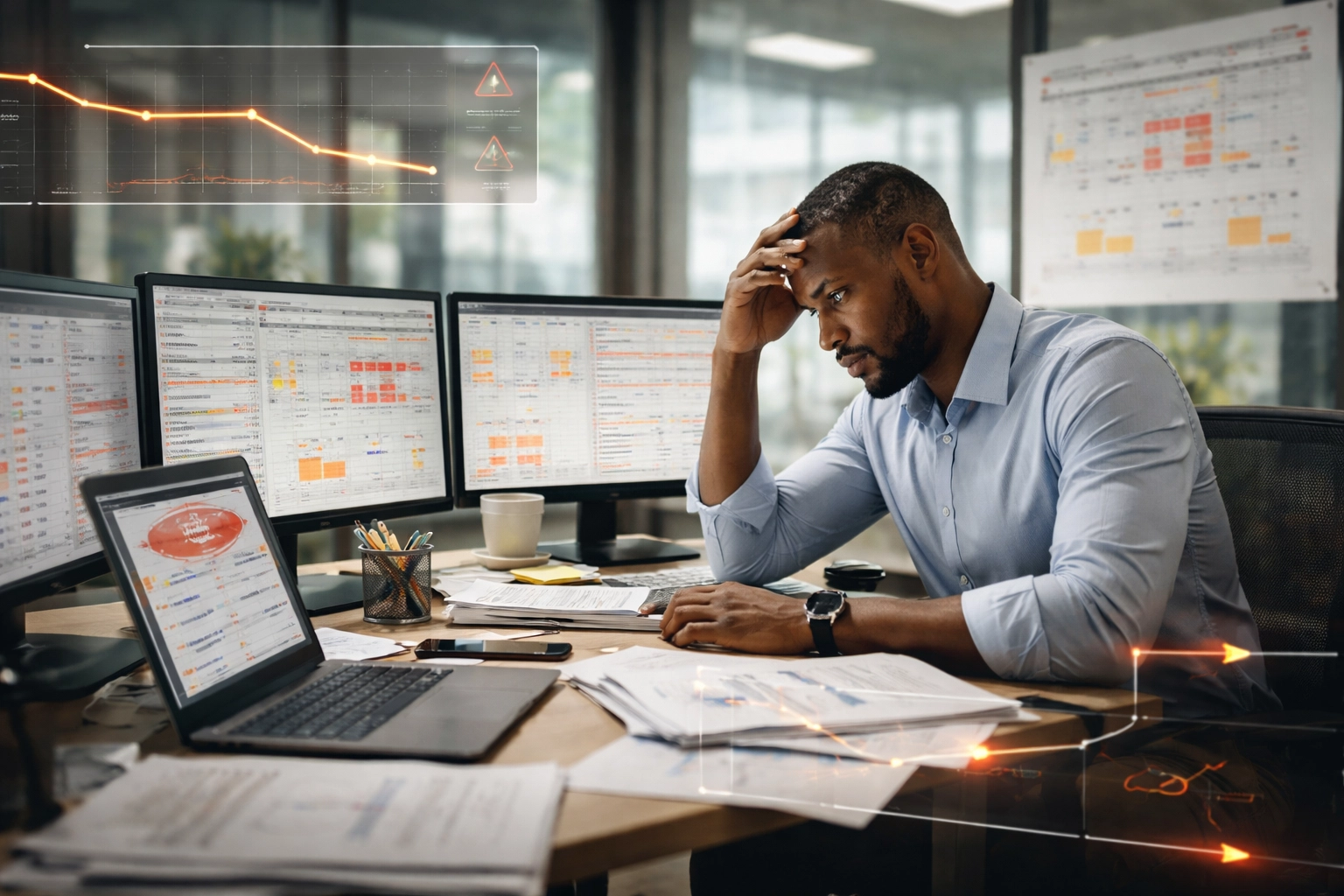 Stressed operations manager reviews conflicting ERP data and spreadsheets in a busy modern office, highlighting ERP challenges for fast-growing businesses