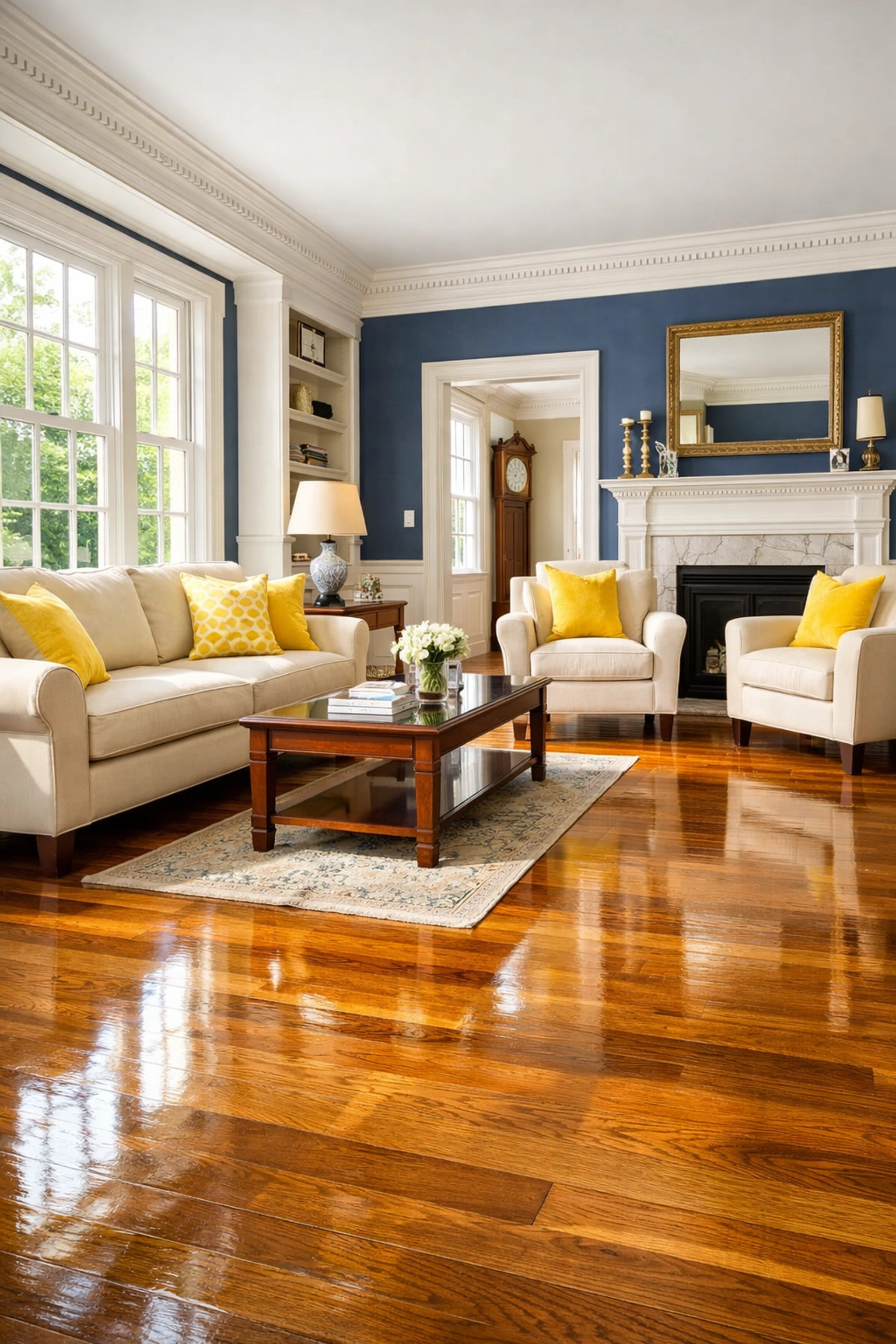 Bright Lancaster living room with polished floors and a healthy home environment after professional deep cleaning.