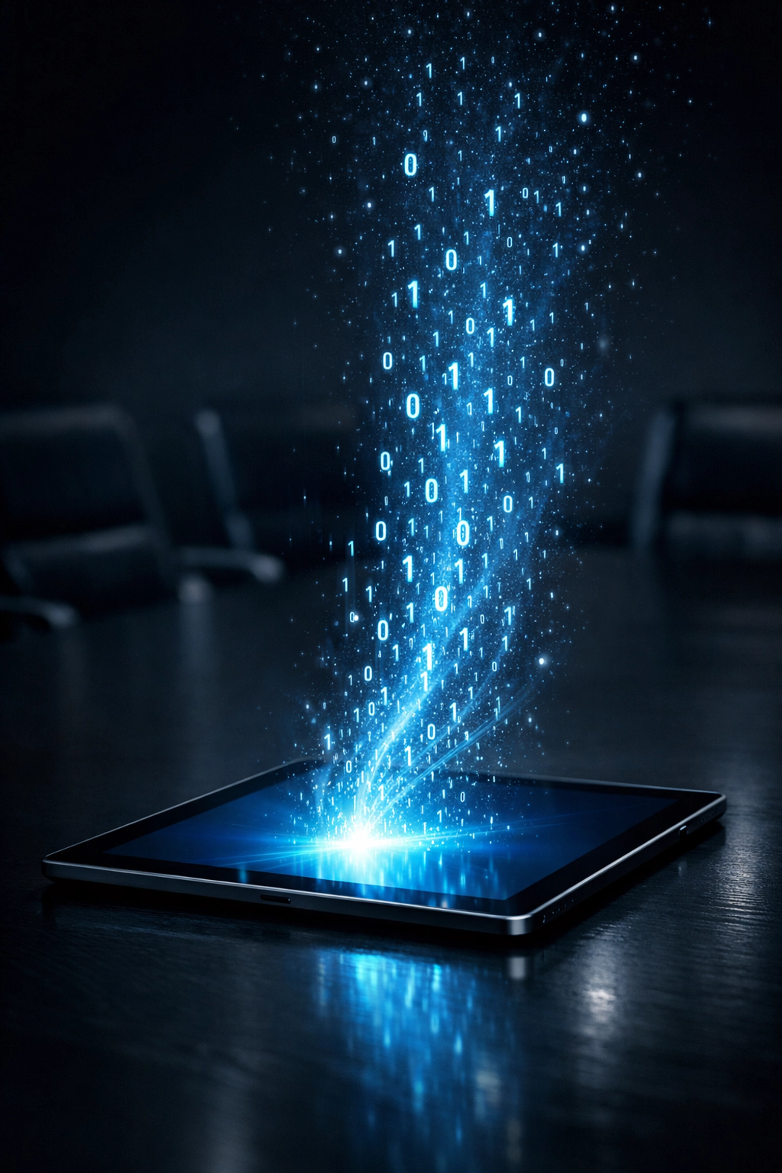 Digital data leak from a tablet on a boardroom table, highlighting GDPR risks when employees use AI for grievances.