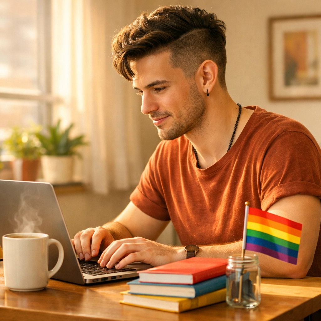 A young queer man writing a new story on his laptop, showcasing the journey of an LGBTQ+ author.