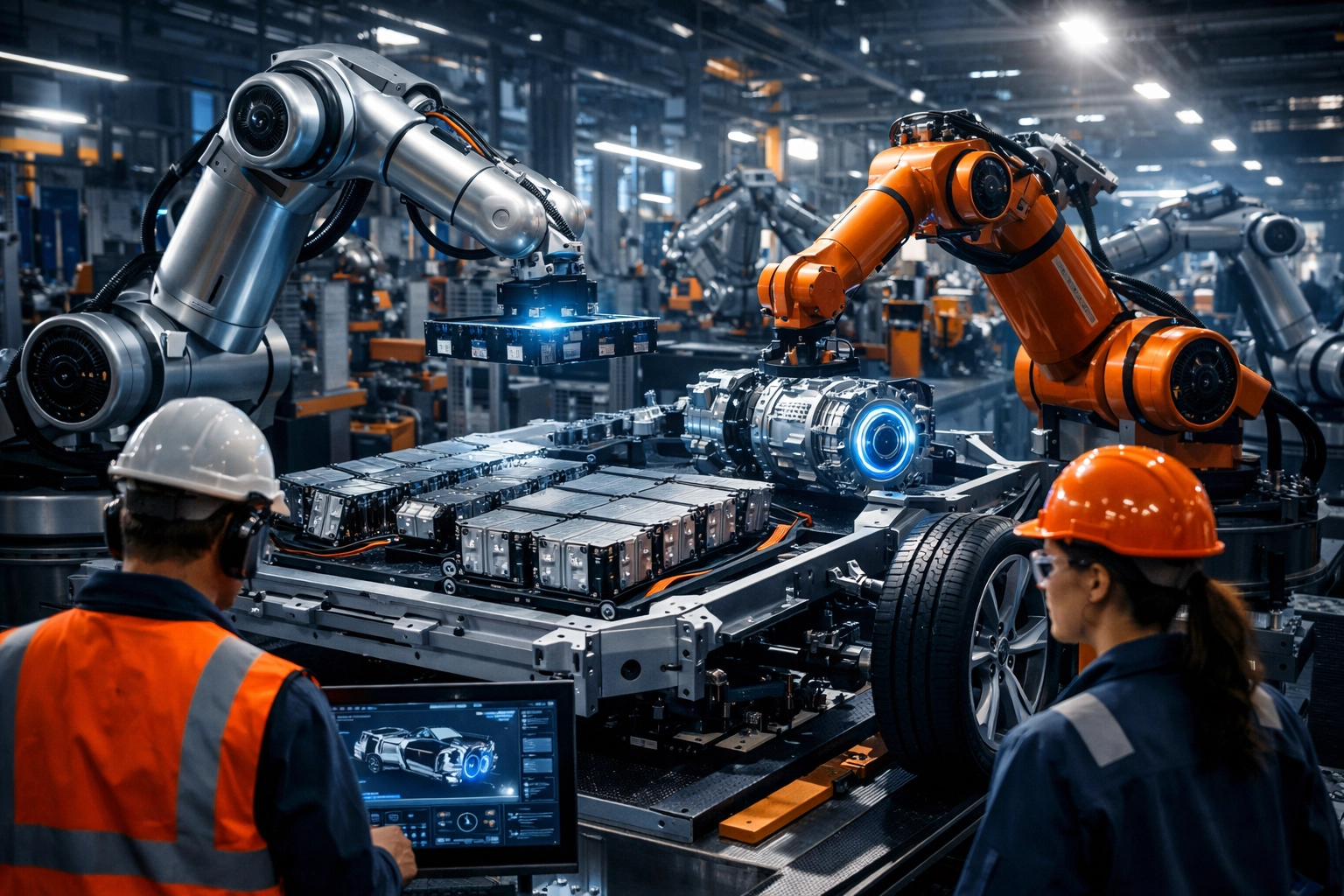 Modern EV battery production line with workers and automation technology