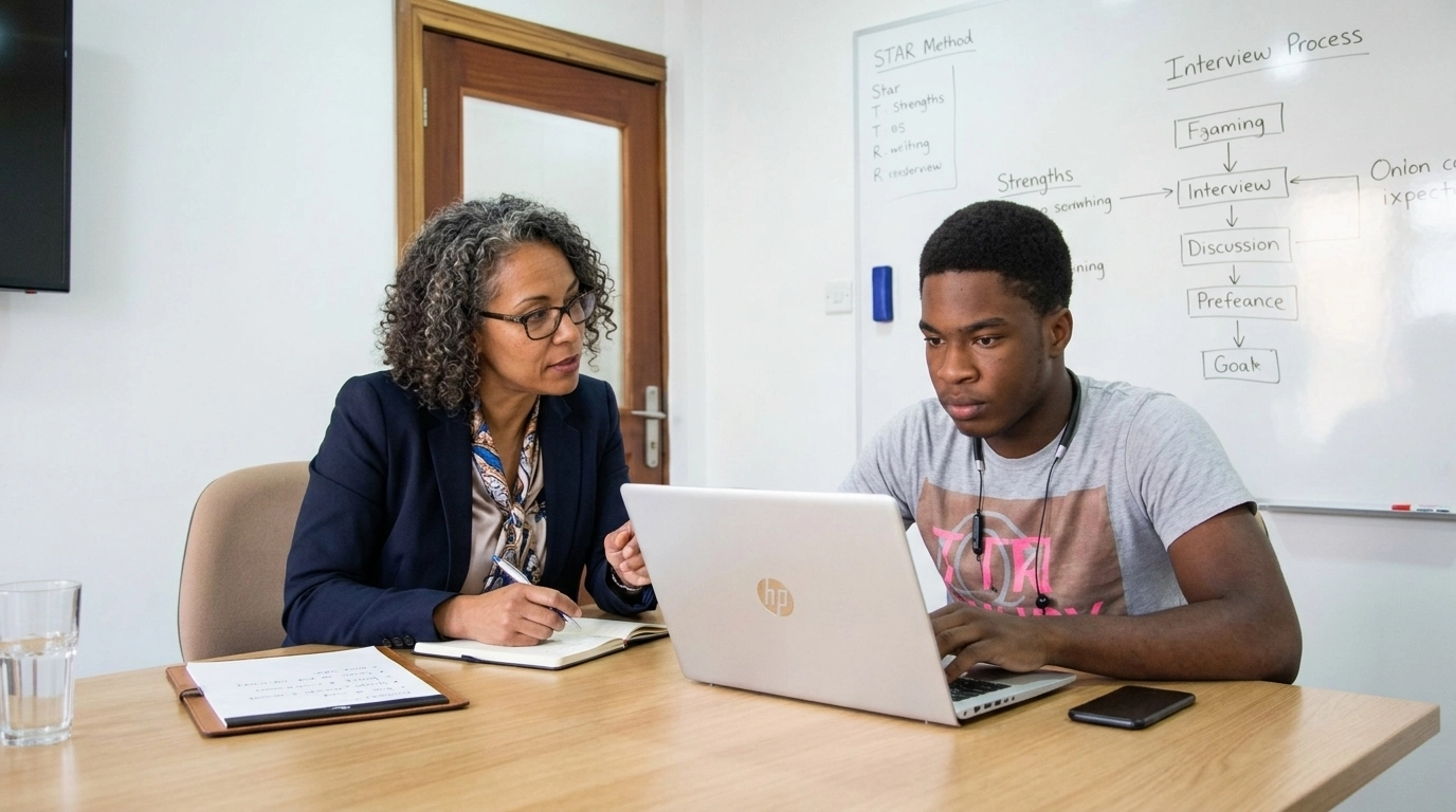 A mentorship and interview preparation session in a minimalist meeting room
