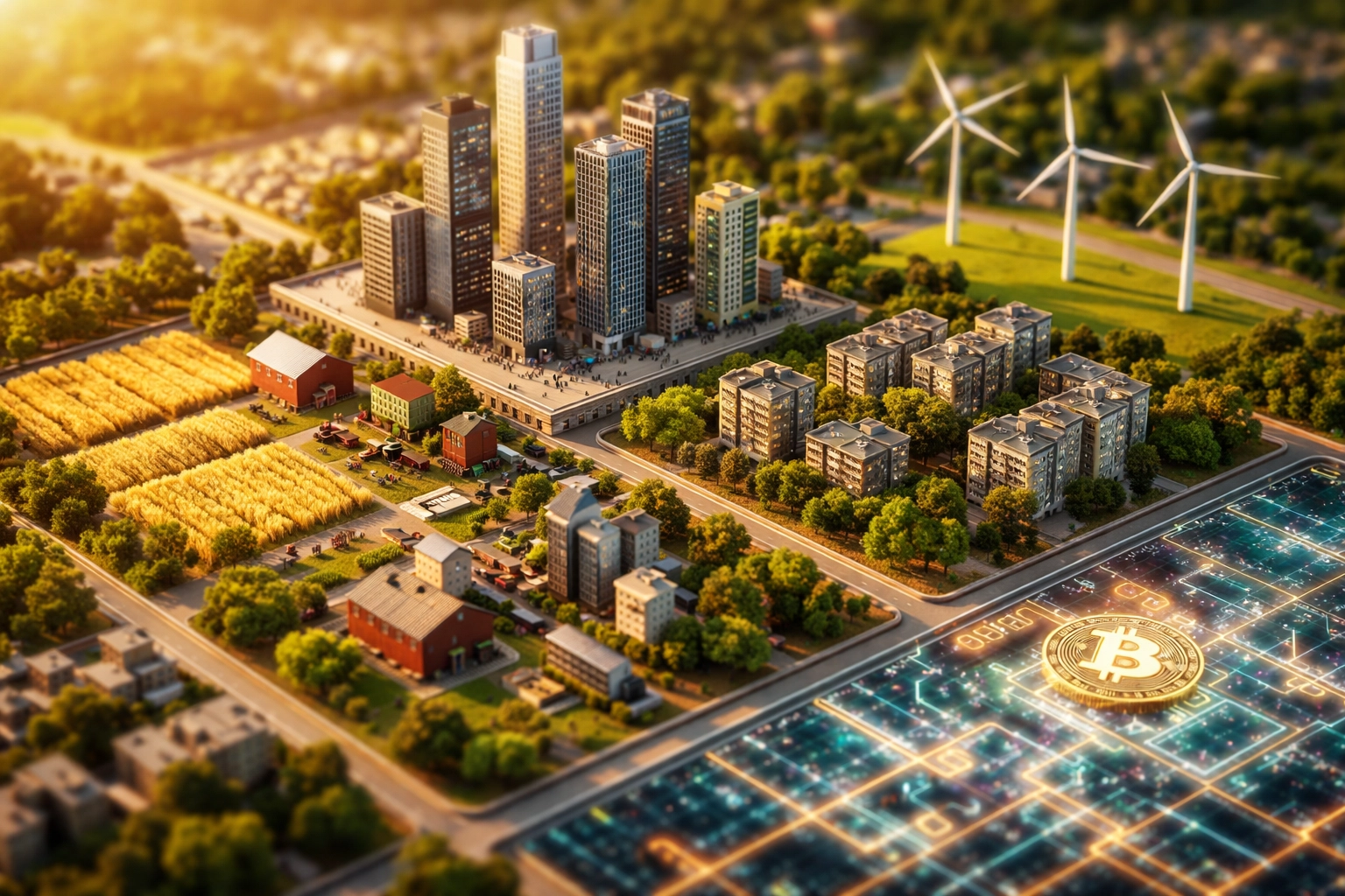 Aerial view of diversified investment landscape including real estate, stocks, farmland, and digital assets.