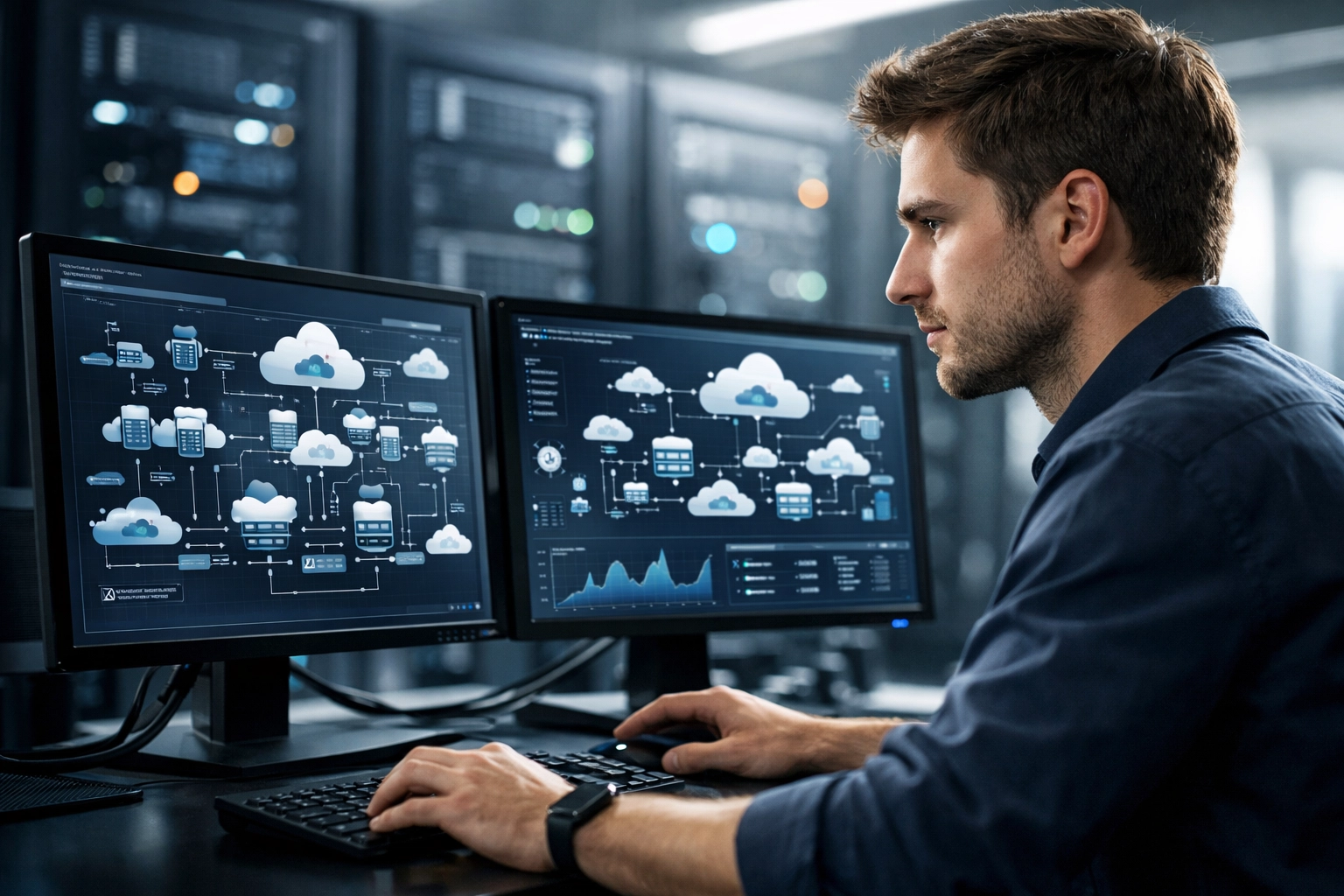 Technical specialist training in a modern workforce development hub focused on cloud computing and upskilling.