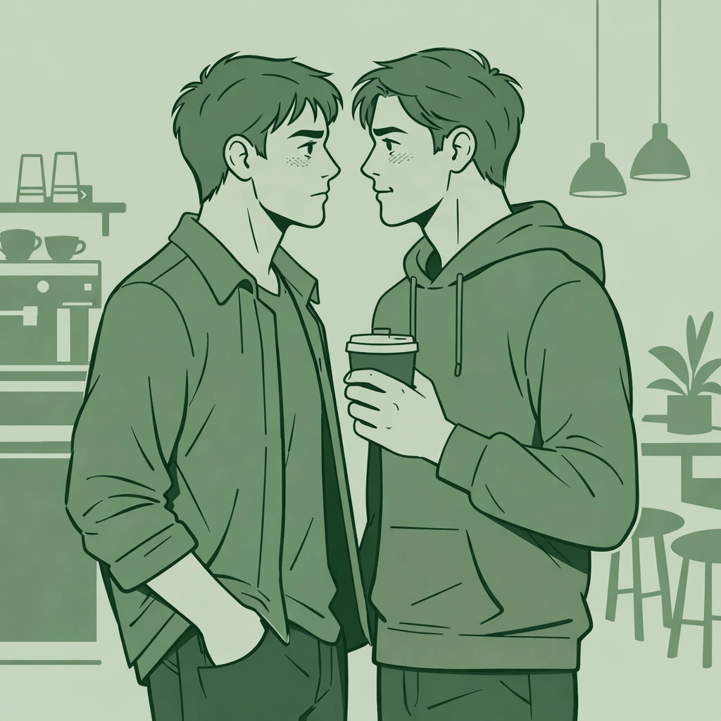 Contemporary gay romance - two men meeting in coffee shop showing attraction and fear