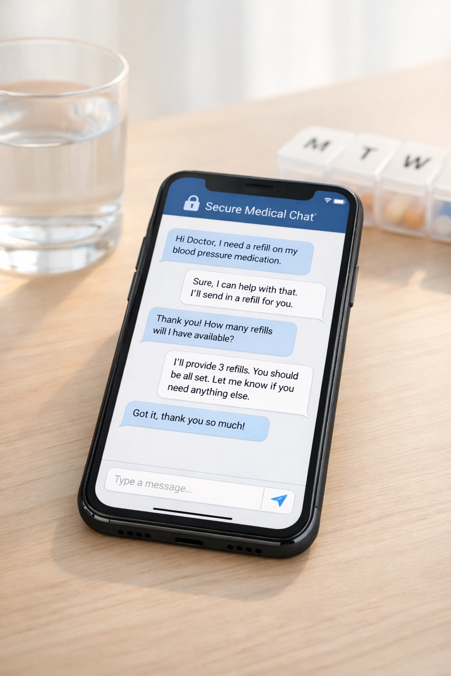 Patient texting with online doctor for prescription refill using secure medical messaging app